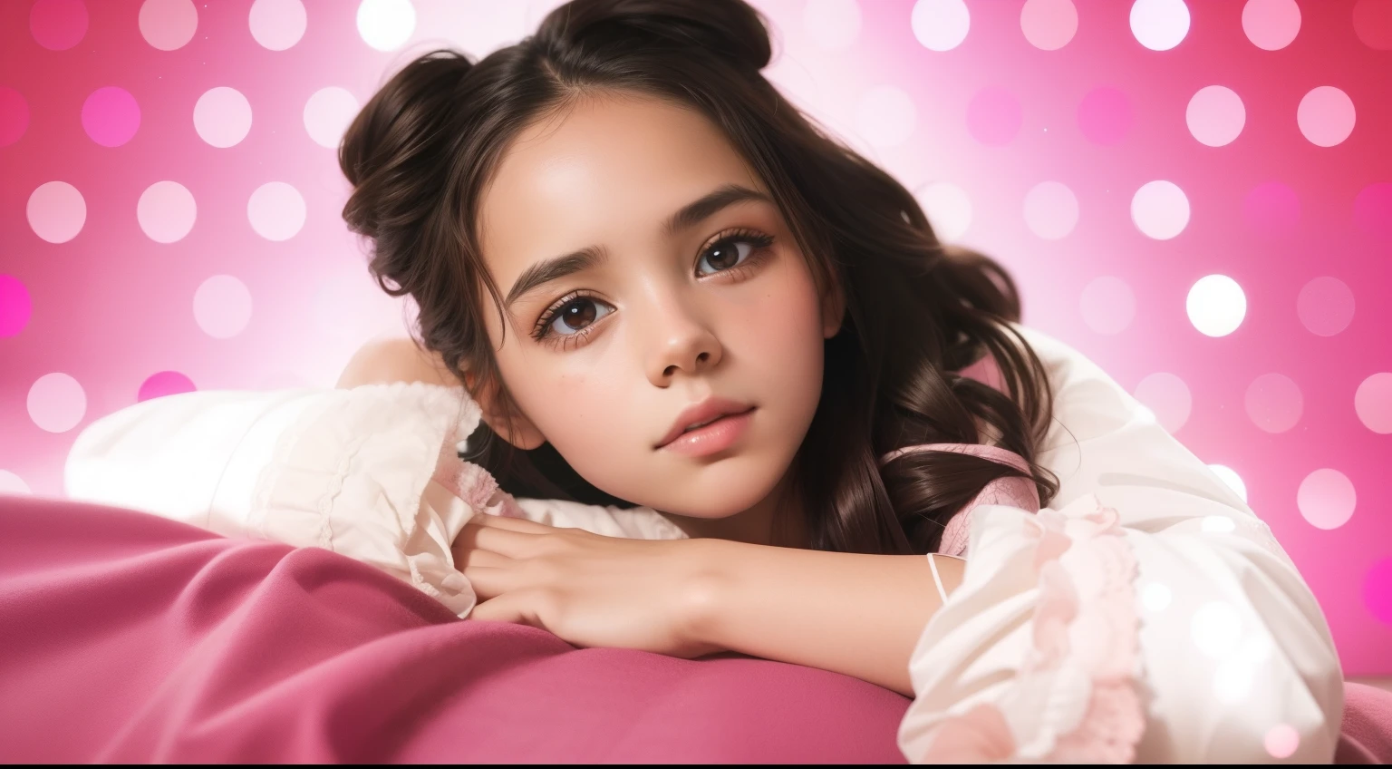 beautiful photo, preview for YouTube, petite girl, brown eye, portraite of a, in pink tones, interesting picture, super quality