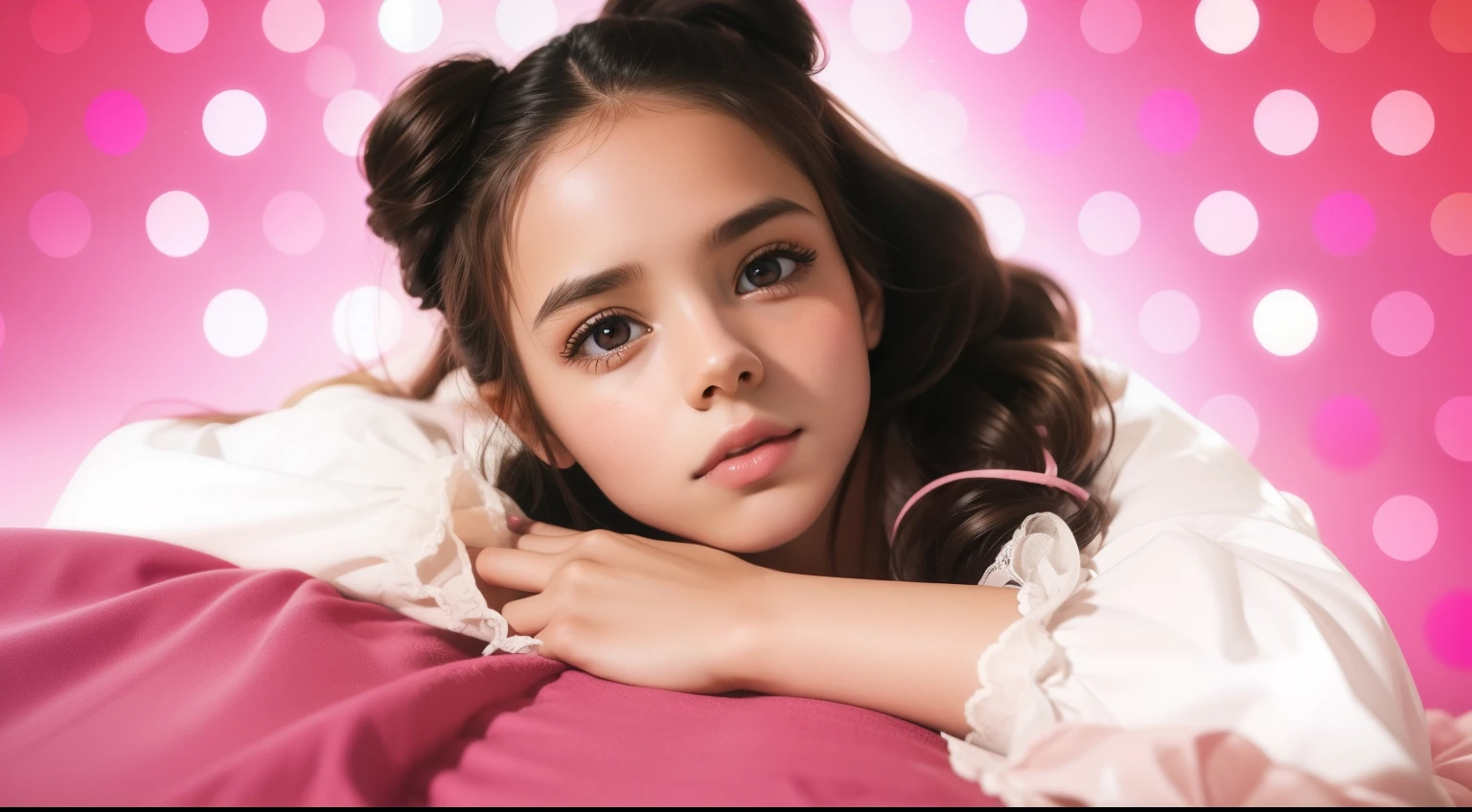 beautiful photo, preview for YouTube, ite girl, brown eye, portraite of a, in pink tones, interesting picture, super quality