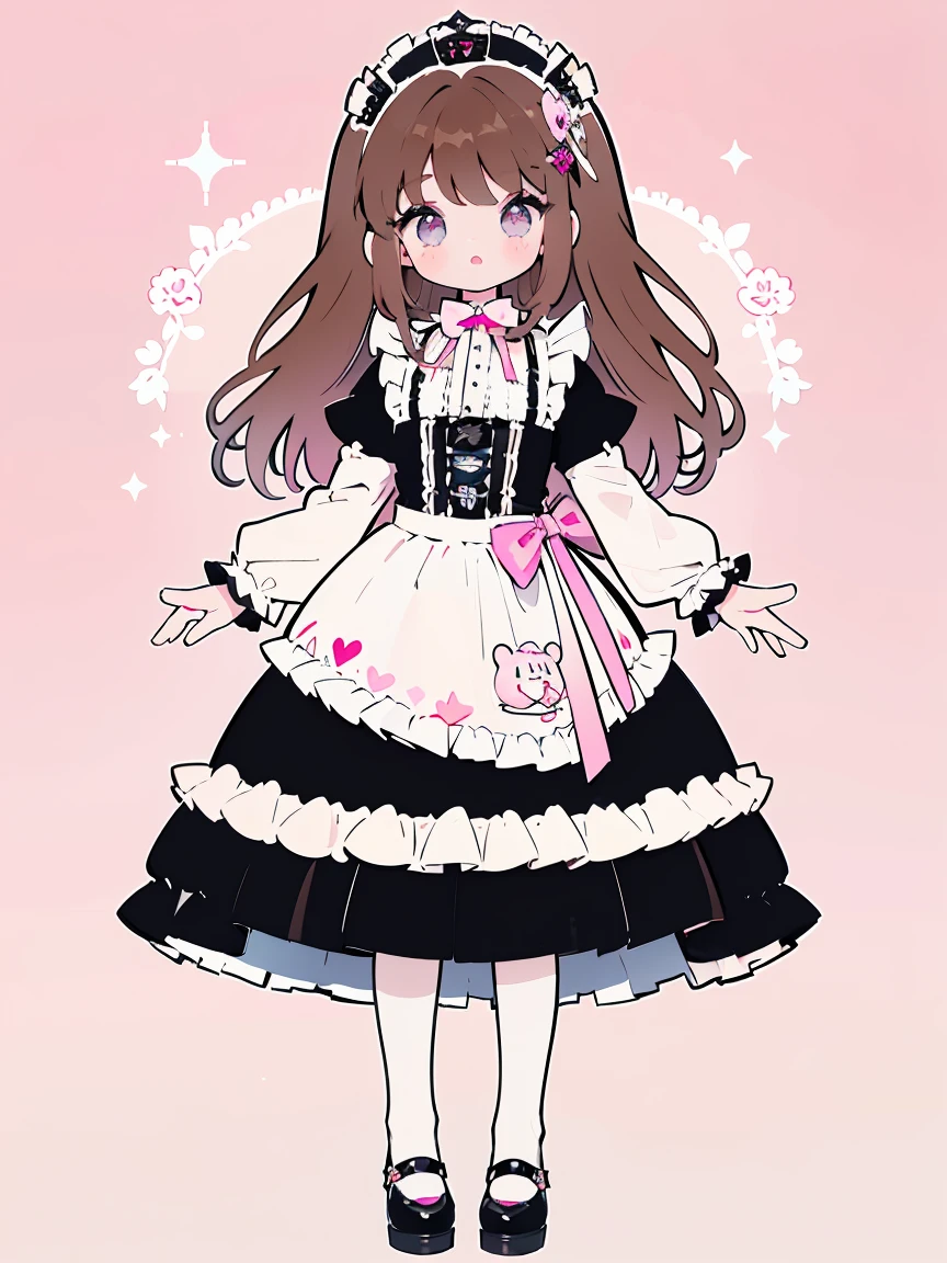 One girl、cute little、masterpiece, top-quality、Top image quality, cafe background, in dress, cafe waitress, miuna, slender, (brown hair:1.3), medium breasts, (long hair:1.2), full body, (round face:1.4), (round chin:1.4), (glossy lips:1.2), sparkling pink detailed glass eyes, looking at viewer, cafe striped pink and white marshmellow party, jrkjs, detailed, skirt, thighhighs, lace, shirt, cute brown heel shoes open toe, jirai kei,Smile, BREAK, ((gothic lolianska:1.5)), (Wain reddo dress with pastel color lace decoration), jewelry decorated waitress dress, striped pink white pretty dress, black background, ((waitress in a gorgeous rococo ball gown decorated with beautiful embroidery and jewels, with a voluminous full-length hoop skirt with ruffles)), ((crinoline)), (sparkle) of the anime girl, detailed five fingers on each hand, 2 hands, 2 feet, knee white lace stocking, cute face, sparkle big eyes long lashes, standing in a dynamic pose, kawaii accessories cute hello kitty charm and golden chain cute cream fluffy bear face purse, hair accessory, soft warm inviting, cafe table bread coffee cup, illustration in the style of @ekureea on X twitter, Lolita g art by @hareroom1 on Twitter, beautiful line art, manga, beautiful line art, manga style, manga art style, pencil and ink caricature drawing, flat colours, detailed, attention to detail, sharp focus