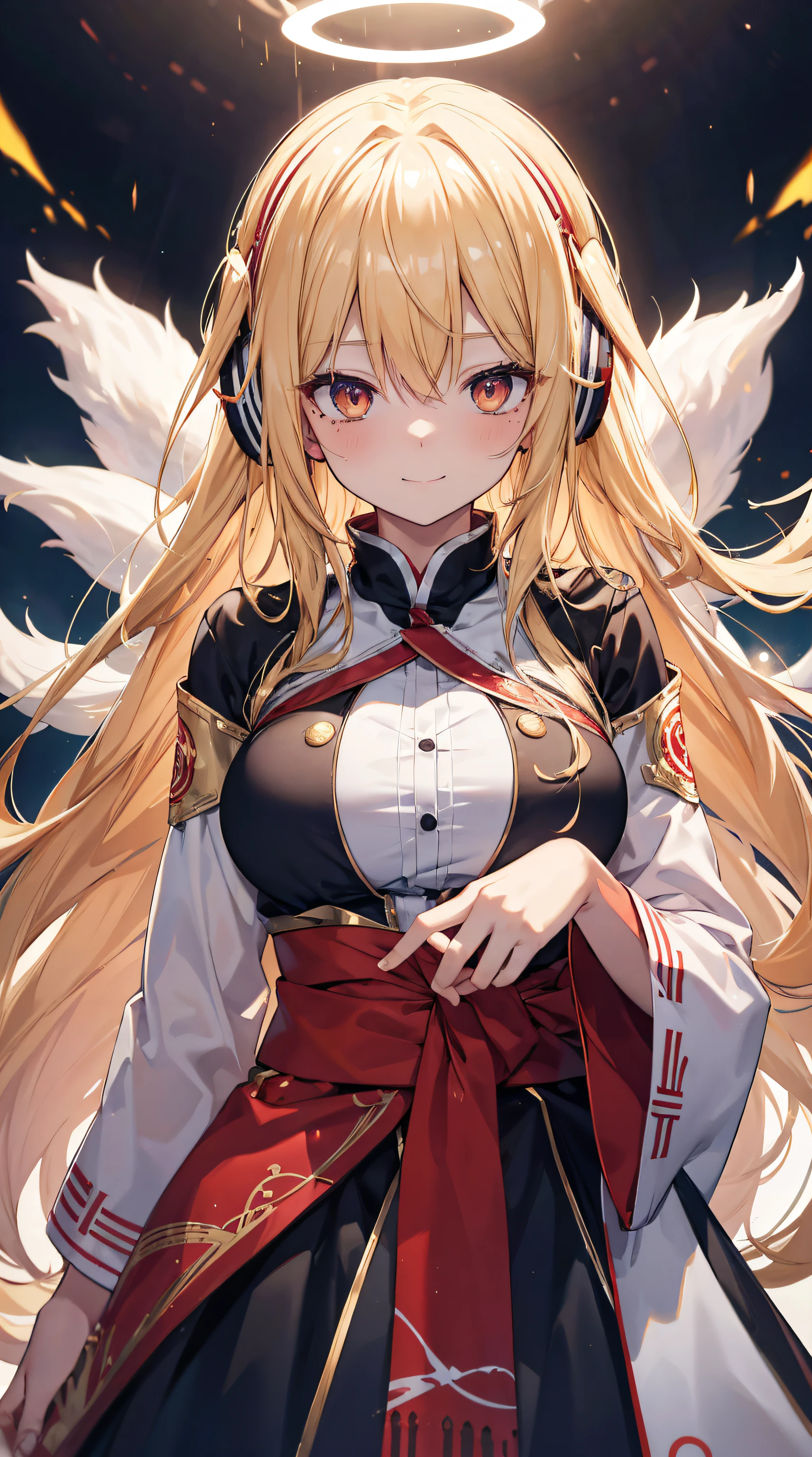 cheveux longs bas, yeux flamboyants, Kitsune, cheveux blonds, halo, casque, taupe sous les yeux, yeux creux, sourire, Embarrassed, sourire nerveux, Anime, Flou de mouvement, scintiller, reflection light, grain du film, first-person view, Masterpiece, UHD, anatomiquement correct, textured skin, super detail, High Details, High quality, award winning, Best quality, high resolucion, 16k, clothes for young girls, grosse poitrine