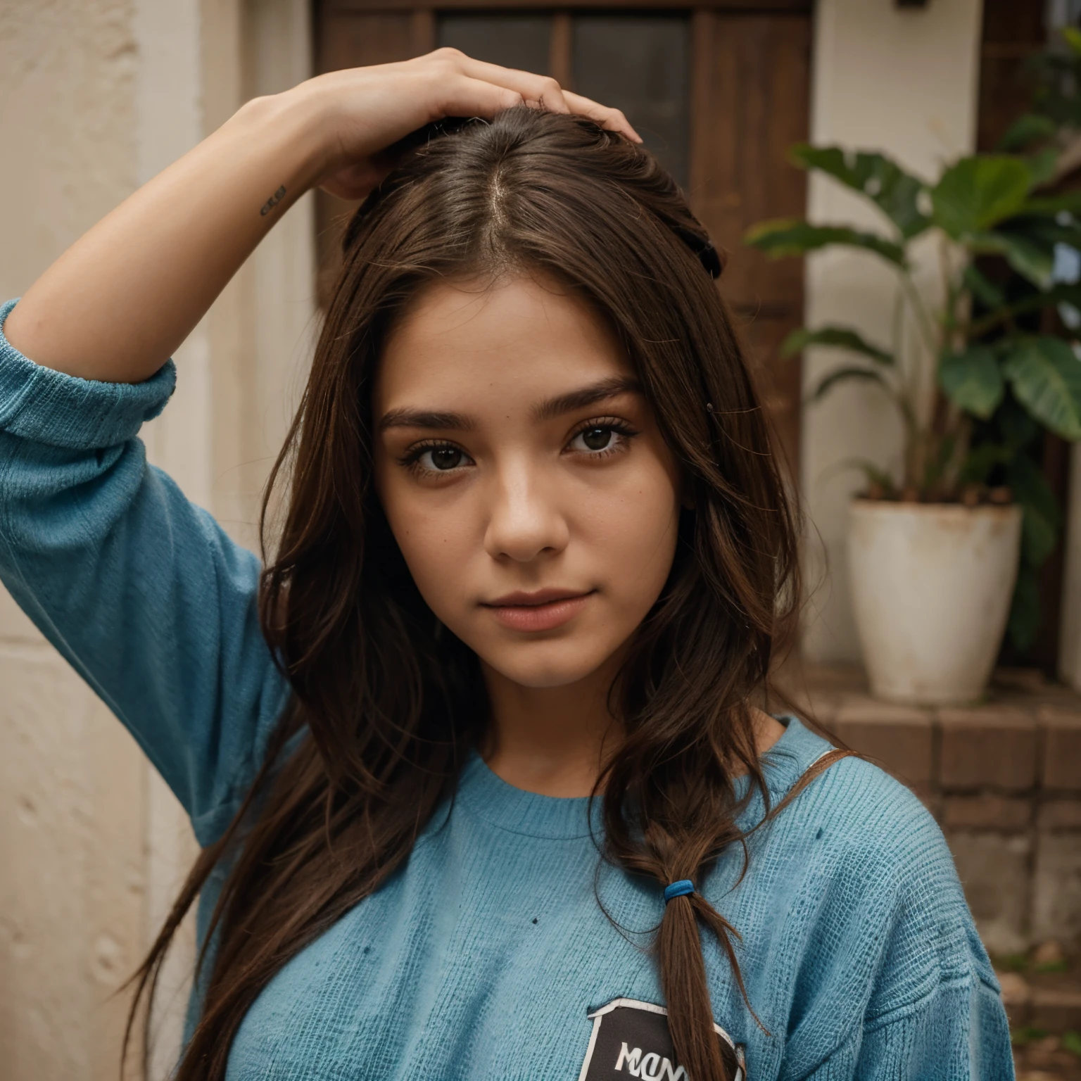 Crie uma branca com cabelo curto marrom com moletom azul