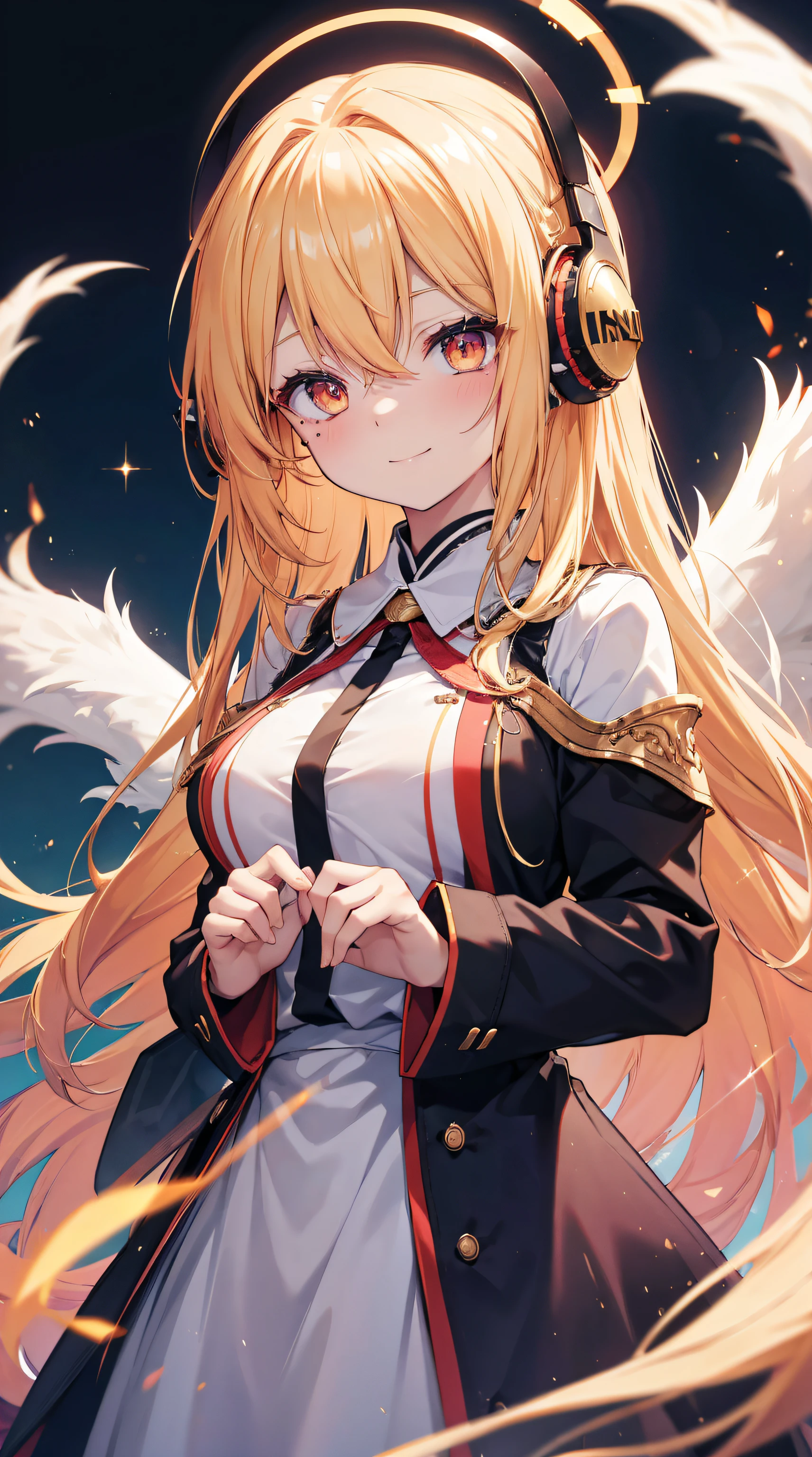 cheveux longs bas, yeux flamboyants, Kitsune, cheveux blonds, halo, casque, taupe sous les yeux, yeux creux, sourire, Embarrassed, sourire nerveux, Anime, Flou de mouvement, scintiller, reflection light, grain du film, first-person view, Masterpiece, UHD, anatomiquement correct, textured skin, super detail, High Details, High quality, award winning, Best quality, high resolucion, 16k, clothes for young girls, grosse poitrine
