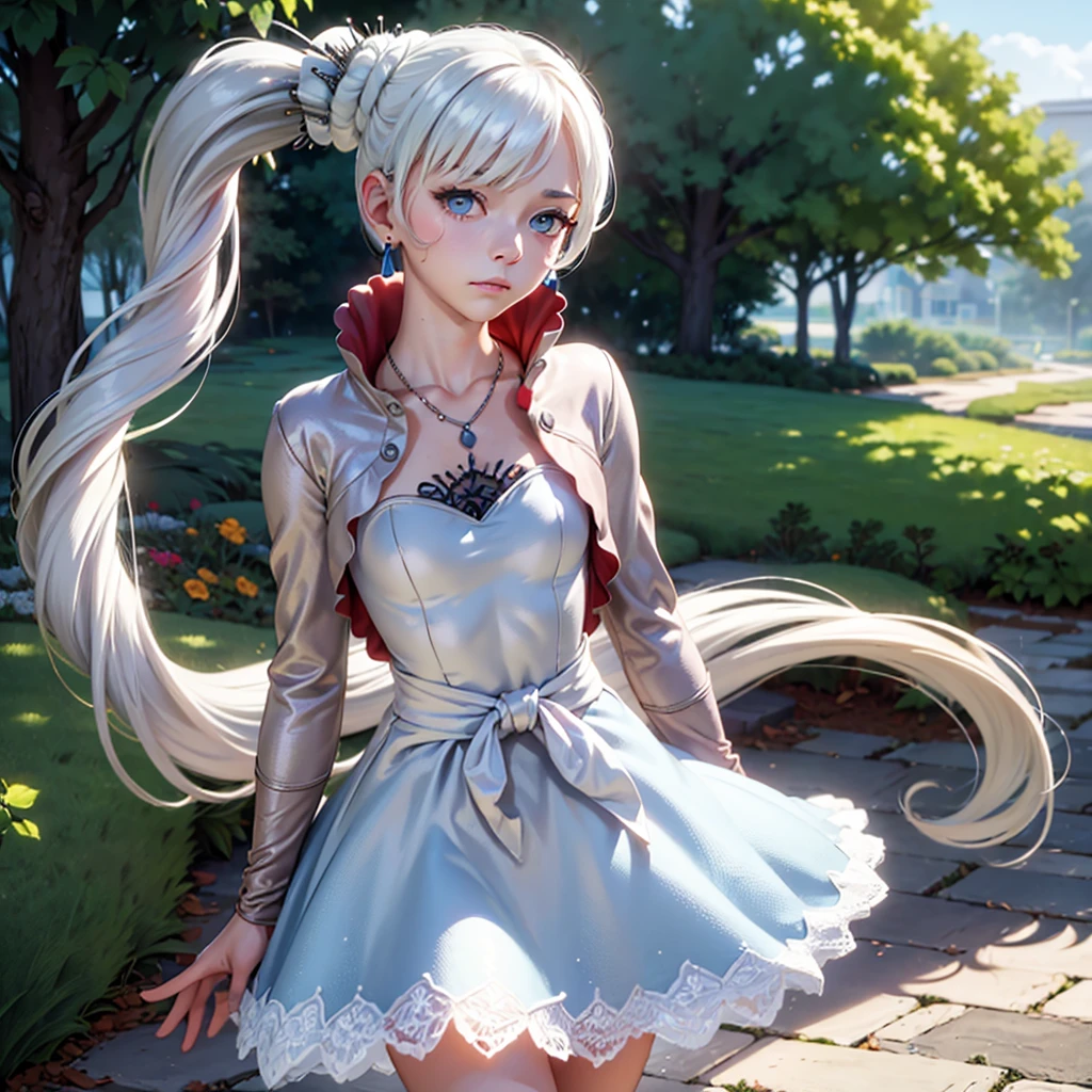 (masterpiece, best quality:1.2), cowboy shot, solo, 1girl, weissvale, expressionless, closed mouth, looking at viewer, long white hair, side ponytail, white dress, jewelry, necklace, earrings, country lane
