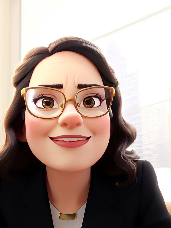 An executive, mature, Serious, Chic and wise woman with medium wavy dark hair, black eyes, small eyes and big mouth, prescription glasses with gold frames in chic law office