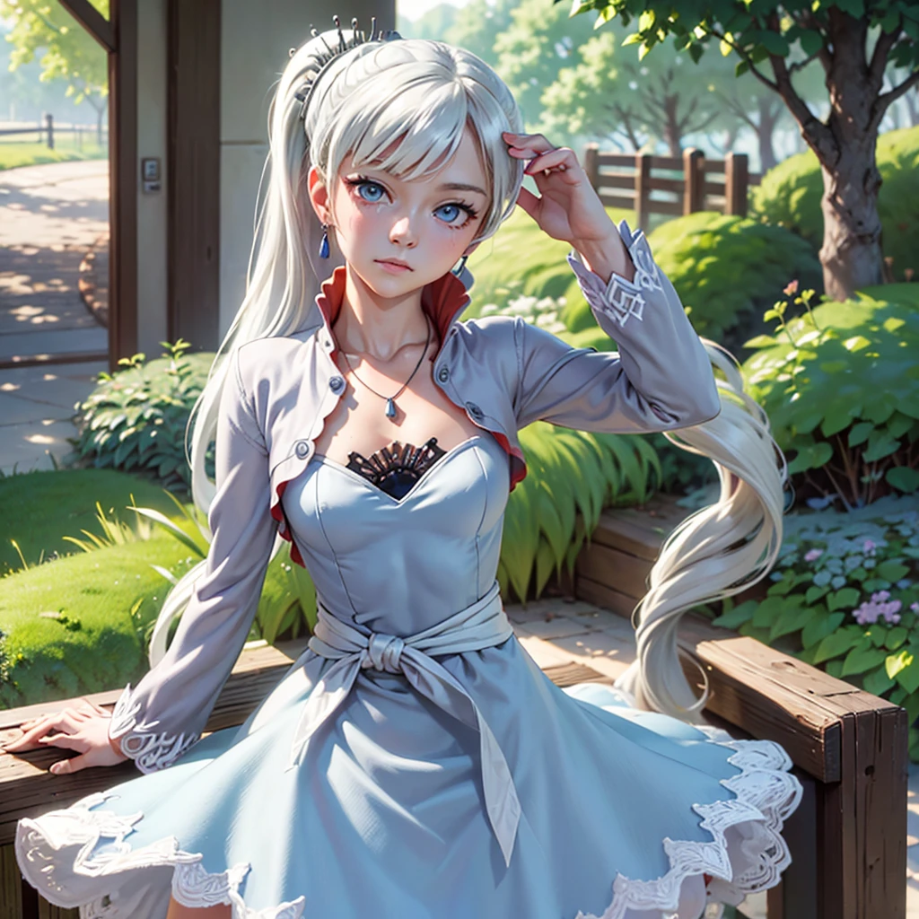 (masterpiece, best quality:1.2), cowboy shot, solo, 1girl, weissvale, expressionless, closed mouth, looking at viewer, long white hair, side ponytail, white dress, jewelry, necklace, earrings, country lane