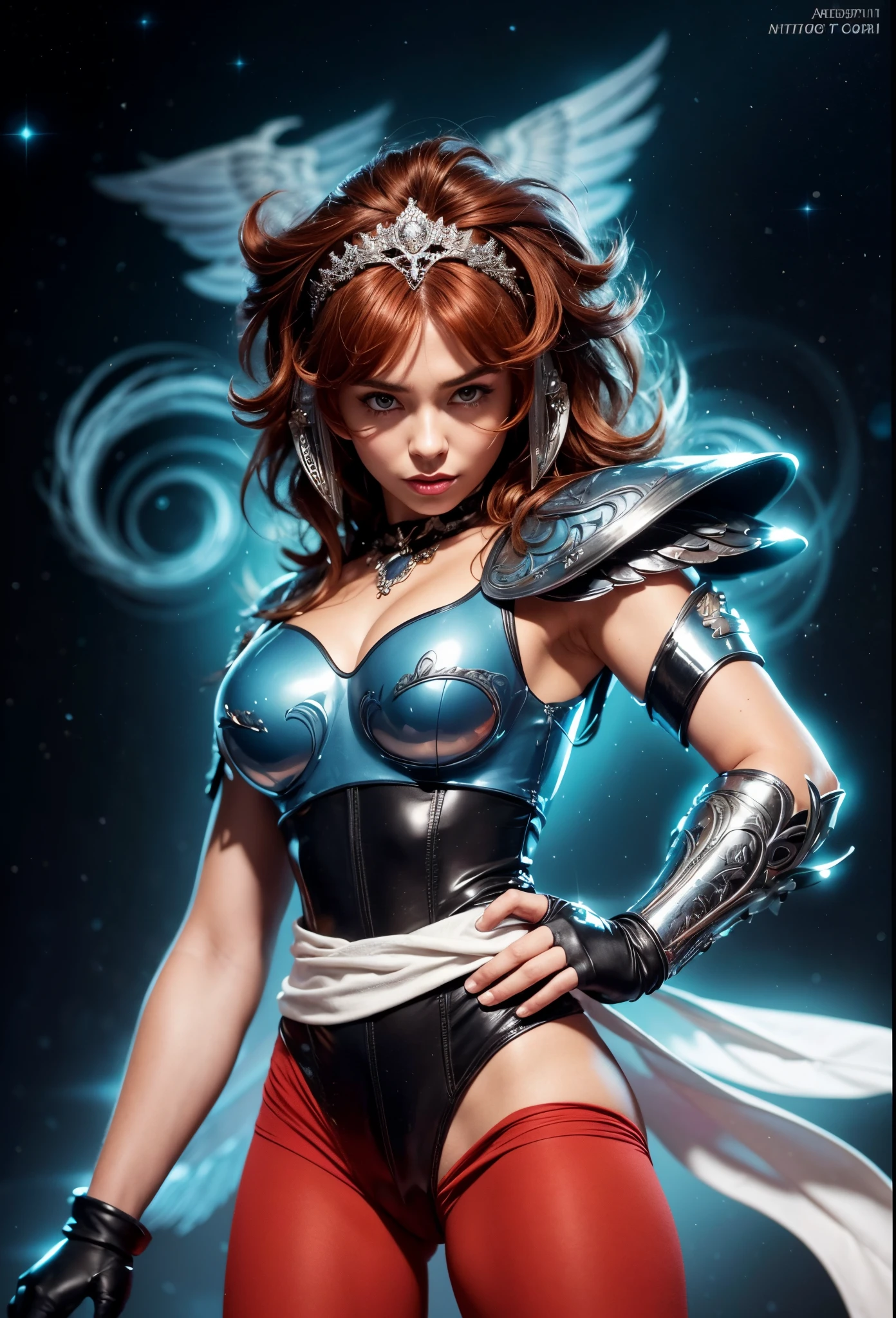 Highresolution, hyper-realistic. Masterpiece, partial-body of beautiful woman about 20 years old. starring the viewer. 1girl, Japanese, big eyes, porcelain facial detailed mask, beautiful porcelain mask in the format of the face, full detailed mask covering the face, detailed facial contours, delicate nose, delicate lips, short ((red hair)), messy hair, ((bangs)), tiara in the format of a eagle with open wings contouring the head, wearing a silver armor, (silver armor), chrome silver armor, (detailed armor), (ornate armor), black colan, white belt tied around the waist, red tide pants. Silver armor protection on left arm/hand, silver metal bracelet at left arm, black glove at right hand. starry night sky background. A eagle silhouette background. ((Well done hands)) ((perfect hands)), ((perfect fingers)). Cinematic light.