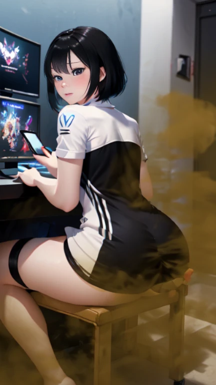 ((velocity)),Attacked by farts, (((Women farting))),(girl farting while seat on seat and playing game on smartphone)),frowned,sharp eyes,blushing,velocity,(a female pro player), (wearing a e-sport jersey and dress),(thigh high),(sit facing the screen),(her buttt facing the screen) (short hair black hair),(Asian woman),(gaming tournament),(masterpiece:1.2、top-quality)、(the Extremely Detailed CG Unity 8K Wallpapers、ultra-detailliert、Best Shadows)、(细致背景)、(The best lighting、extremely delicate and beautiful)、depth of fields、1girl in、report、upward looking gaze、