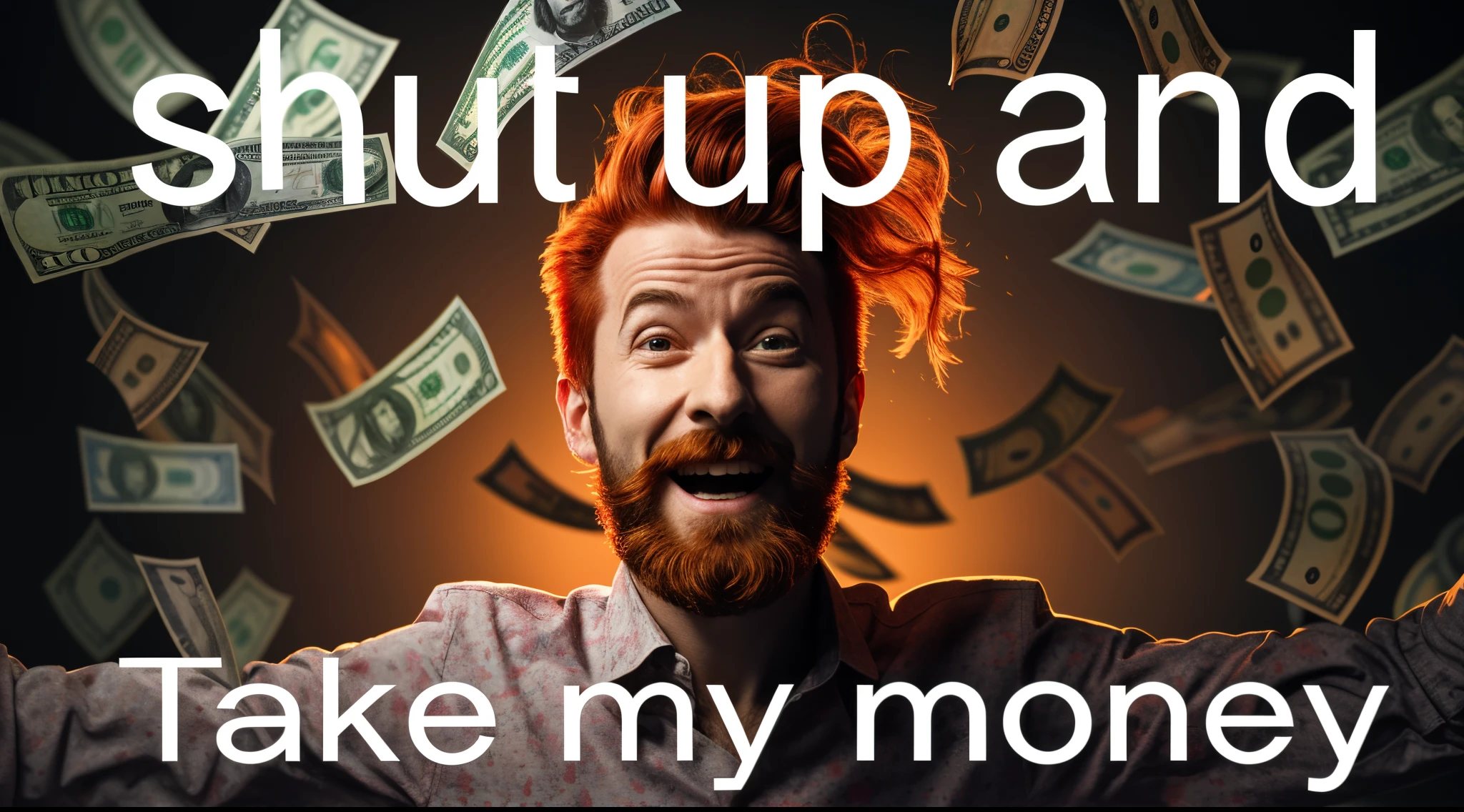 arafed man with a beard and a beardlock in front of money, rickroll, album art, funny meme, linus from linustechtips, dank meme, upshot, wake up, , lit up, meme, portrait shot, reddit meme, high quality screenshot, 🚀🌈🤩, funny meme photo, portrait photo, people with mohawks