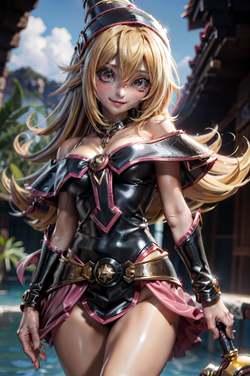 anime, Mujer, solamente, Cabello largo, They are smiling, debajo de los senos, cabello rubio dorado, cabello lacio desordenado, cabello encrespado, ojos amarillos dorados, cuerpo completo, Orejas de caballo, Conjunto de punk rock,
