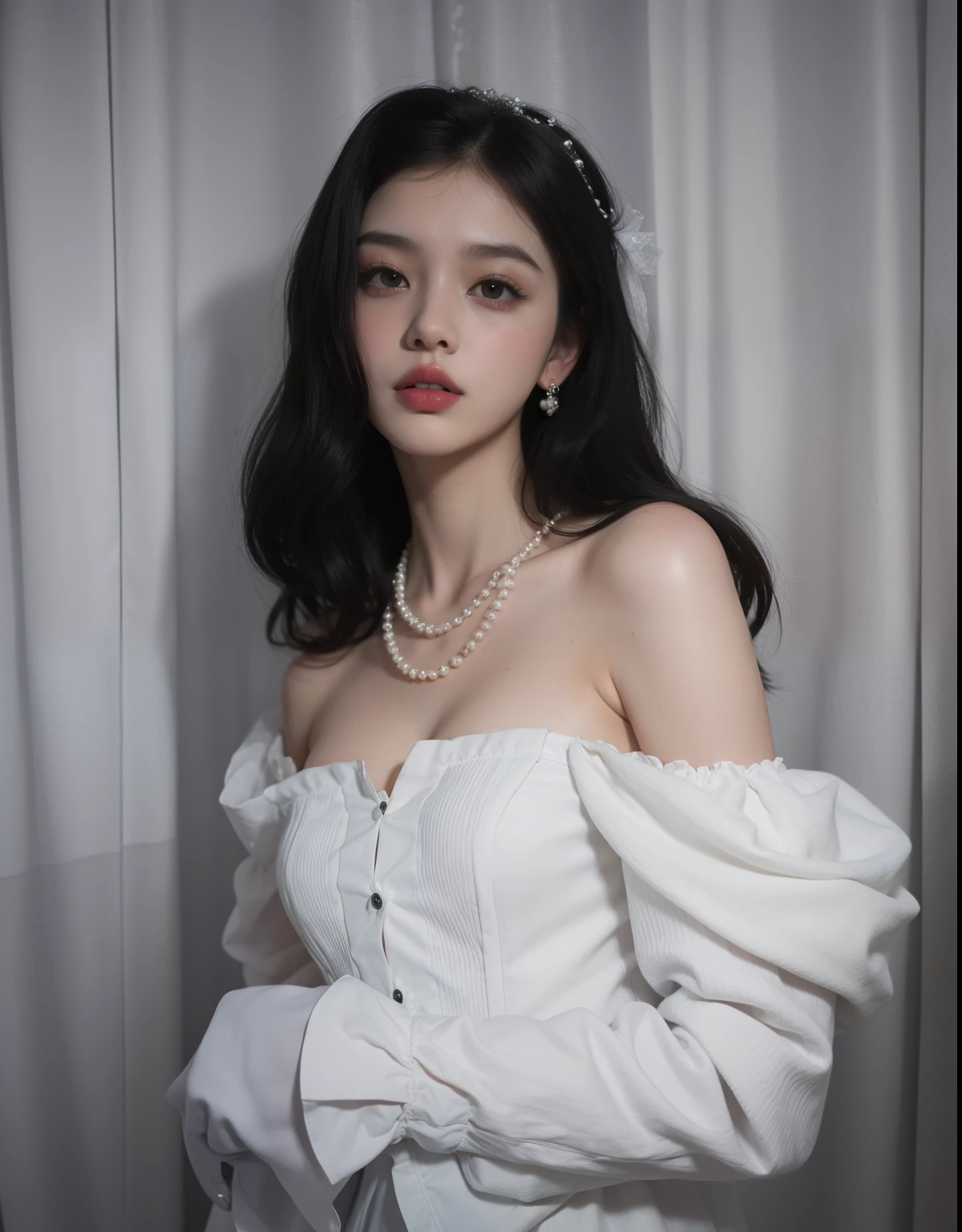 A woman wearing a white blouse with broad shoulders and puff sleeves. She has adorned herself with a pearl necklace and has a prominent bust. The background features a gray curtain with a pattern. Elegant girl aesthetics. Gothic girl aesthetics, kanliu666, Full-body Ulzzang, Xianxia, pale gothic beauty, Anime girl in real life, 17 years old.