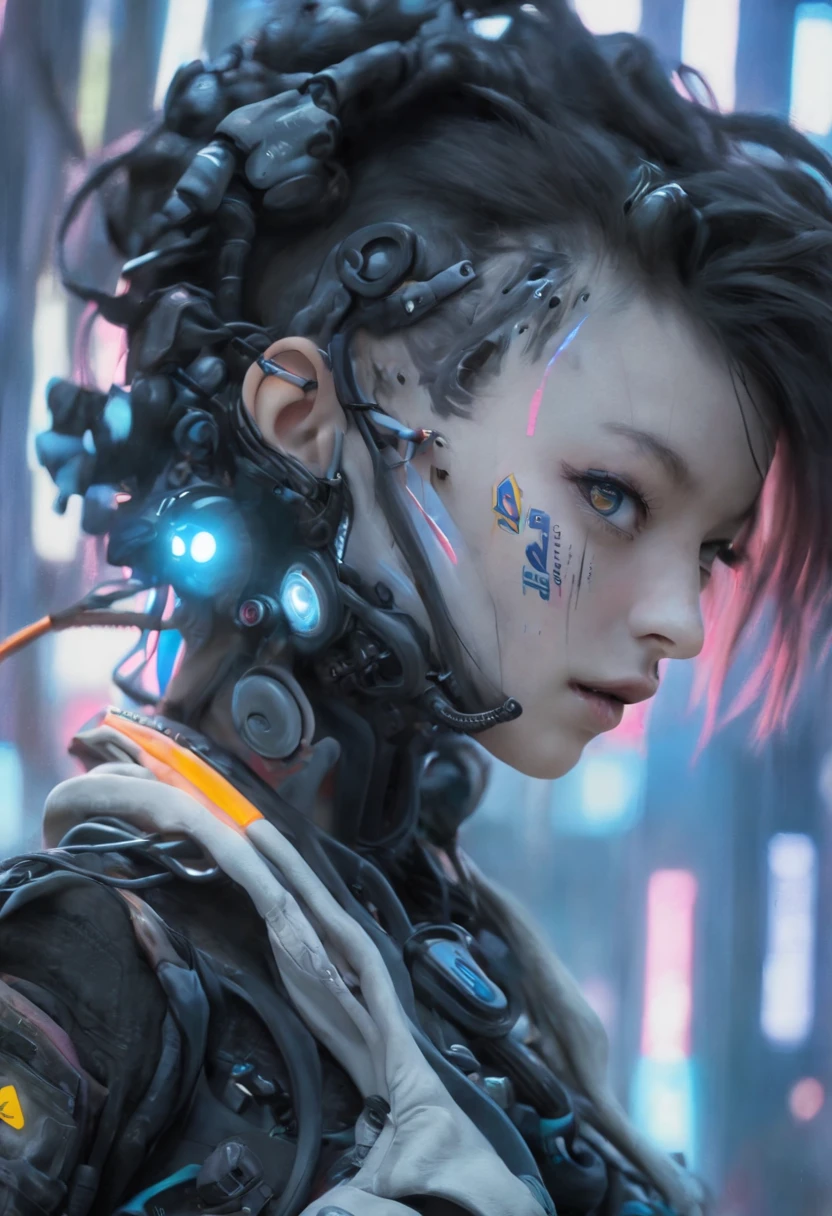 ((extremely delicate and beautiful cybernetic girl)), ((mechanical limb, mechanical vertebrae)), ((mechanical cervical attaching to neck)), (wires and cables attaching to neck:1.2), ((mass of wires and cables on head)), ((wearing colorful Harajuku tech jacket with logos)), ((facing camera pose)), ((cowboy shot)), (masterpiece), (((best quality))), ((ultra-detailed)), (highly detailed photorealistic CG illustration), cinematic lighting, science fiction, extremely detailed,colorful,highest detail, (((cyberpunk city background, (Blade Runner), Harajuku district)))