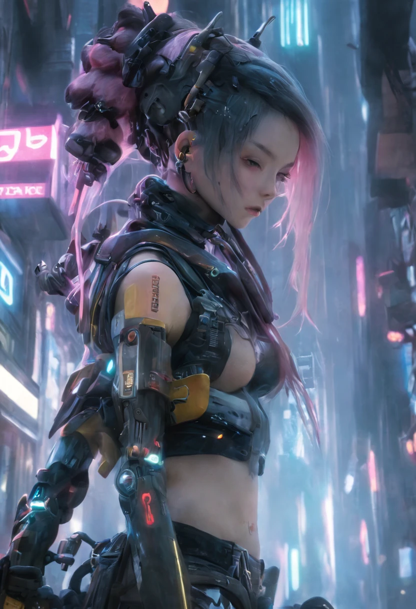 ((extremely delicate and beautiful cybernetic girl)), ((mechanical limb, mechanical vertebrae)), ((mechanical cervical attaching to neck)), (wires and cables attaching to neck:1.2), ((mass of wires and cables on head)), ((wearing colorful Harajuku tech jacket with logos)), ((facing camera pose)), ((cowboy shot)), (masterpiece), (((best quality))), ((ultra-detailed)), (highly detailed photorealistic CG illustration), cinematic lighting, science fiction, extremely detailed,colorful,highest detail, (((cyberpunk city background, (Blade Runner), Harajuku district)))