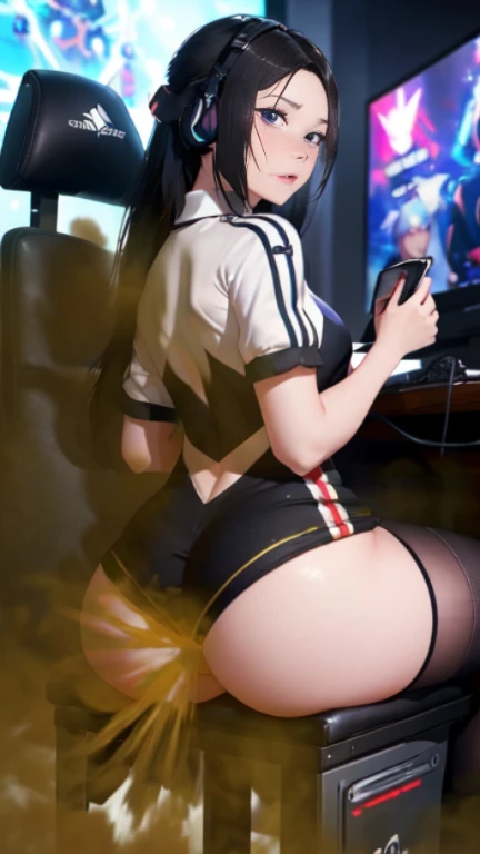 ((velocity)),Attacked by farts, (((Women farting))),(girl farting while seat on seat and playing game on smartphone)),frowned,sharp eyes,blushing,velocity,(a female pro player), (wearing a e-sport jersey and dress),(thigh high),(sit facing the screen),(her buttt facing the screen) (long hair black hair),(Asian woman),(gaming tournament),(masterpiece:1.2、top-quality)、(the Extremely Detailed CG Unity 8K Wallpapers、ultra-detailliert、Best Shadows)、(细致背景)、(The best lighting、extremely delicate and beautiful)、depth of fields、1girl in、report、upward looking gaze、
