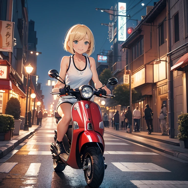 {{masterpiece, best quality, extremely detailed CG, unity 8k wallpaper, cinematic lighting}}, The cityscape along Yokohama Port, a beautiful girl riding a VESPA (scooter), 1Girl, The protagonist  a stunning upper body girl, blonde short bob , smile, wearing a white tank top, stocking shorts: 1.3, white basketball shoes, VESPA, scooter,
