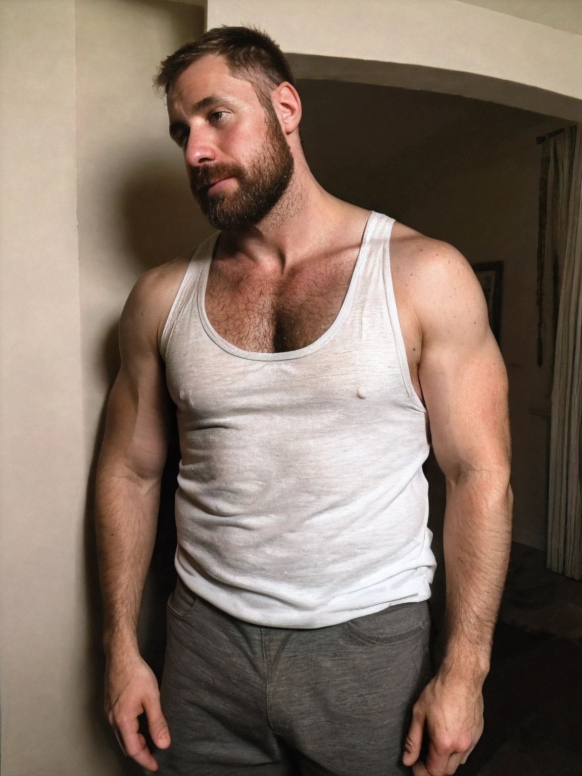 Paloroid image, old distroted, thirstrap, Hot hunky uncle, hairy, macho, ugly, wearing a white tank top:1.4, relaxing at home, hot photo, erotic photo