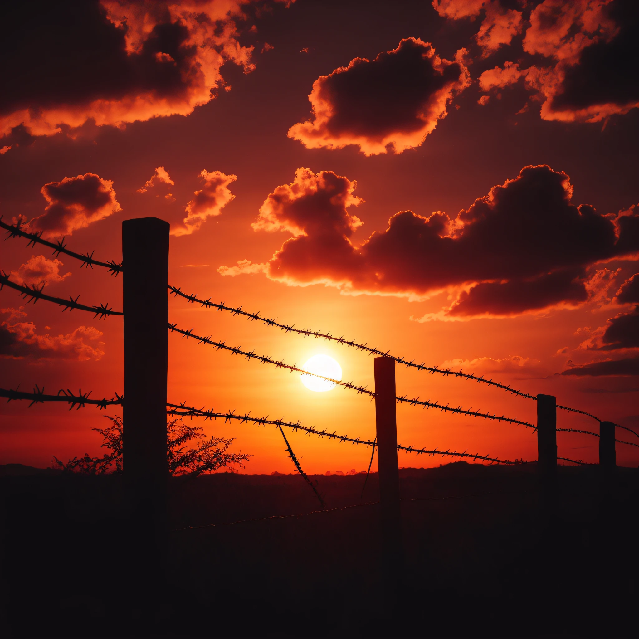 barbed wire fence with the sun setting behind it, orange sunsets, arame farpado, the most beautiful sunset, during a sunset, orange sunsets, during sunset, in the sunset, the sunset, pexels, beautiful sunset, orange sunsets, Orange skye, sunset mood, sunset photo, dramatic sunset, Durante a noite, Orange skye