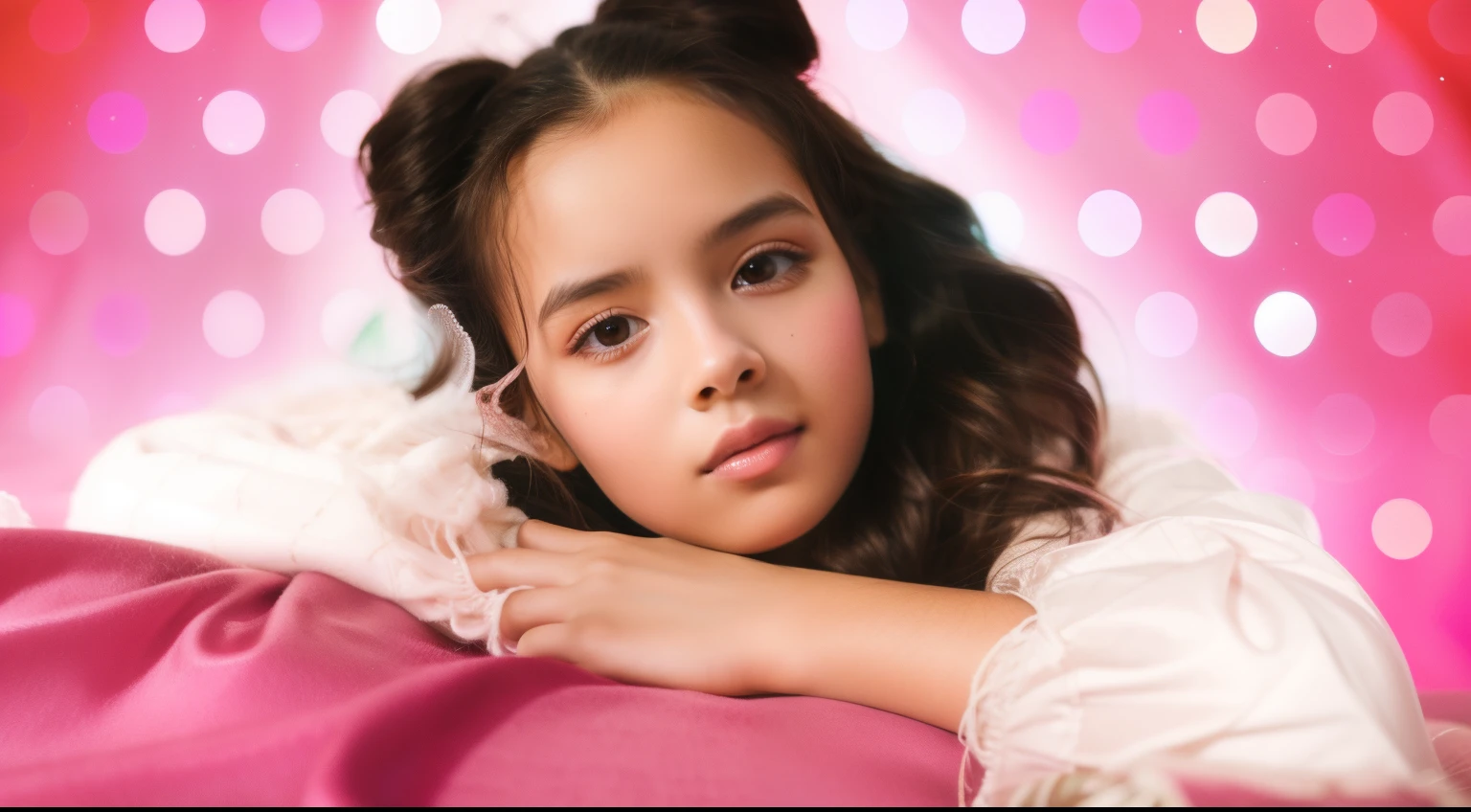 beautiful photo, preview for YouTube, petite girl, brown eye, portraite of a, in pink tones, interesting picture, super quality