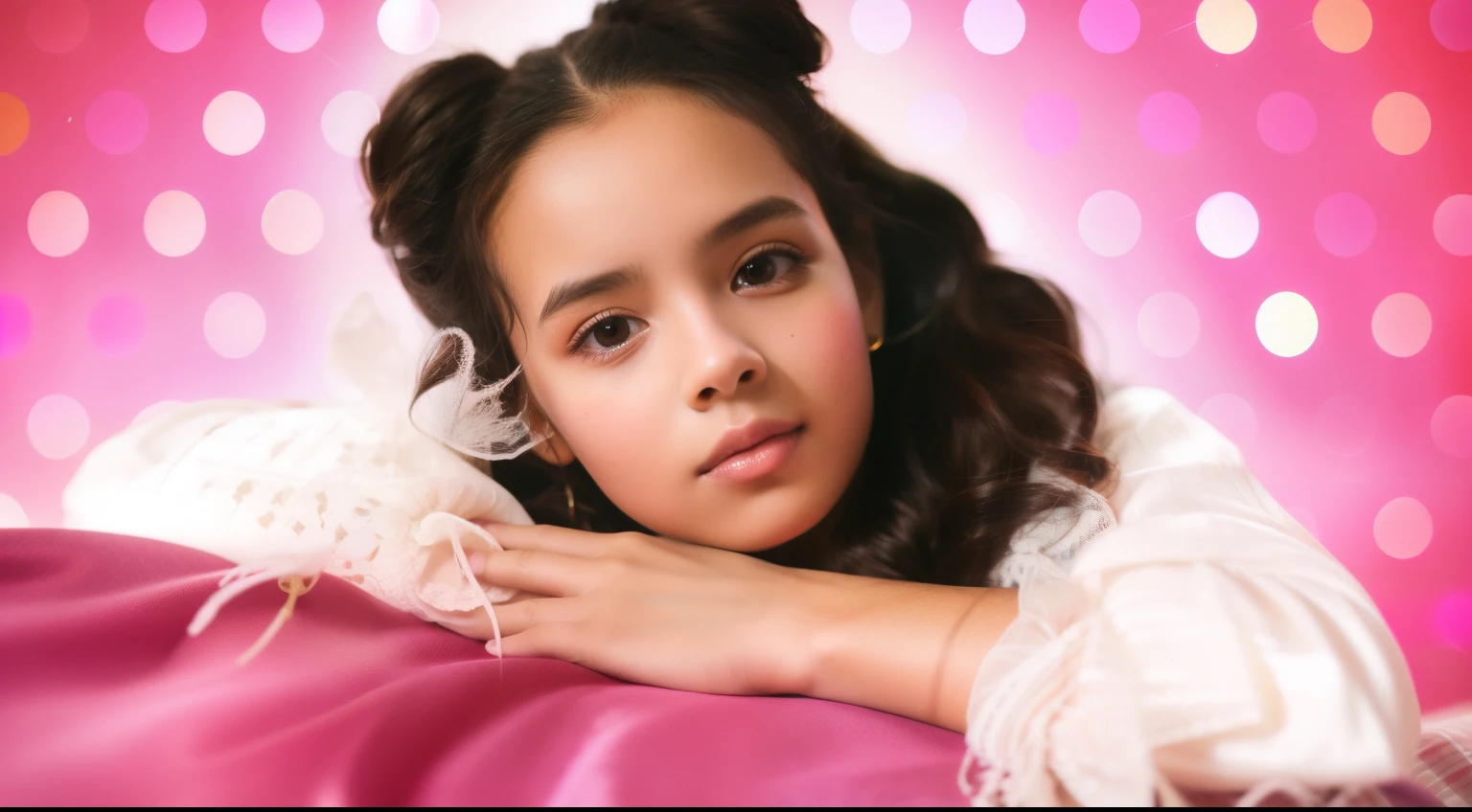 beautiful photo, preview for YouTube, petite girl, brown eye, portraite of a, in pink tones, interesting picture, super quality