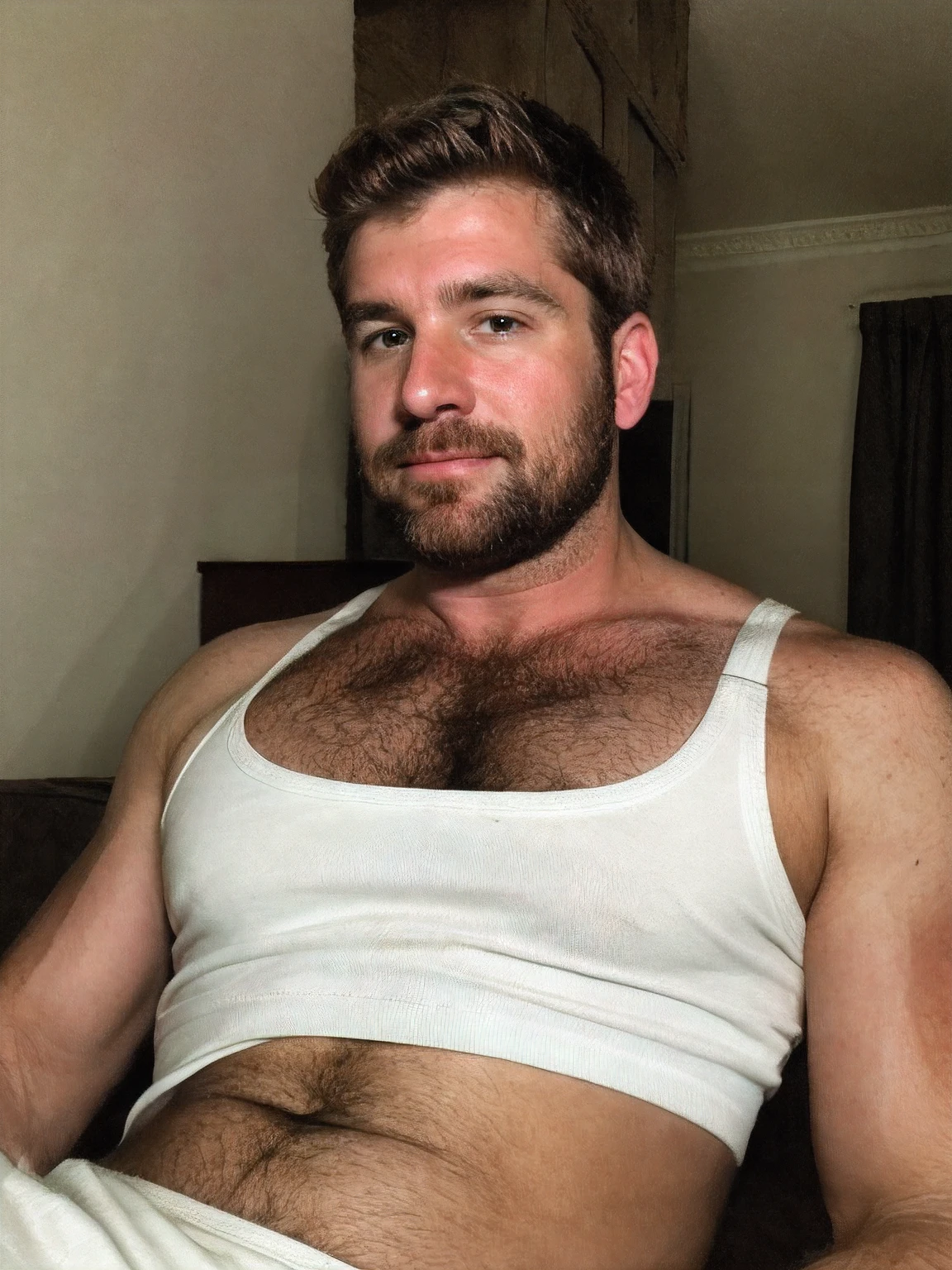 Paloroid image, old distroted, thirstrap, Hot hunky uncle, hairy, macho, ugly, wearing a white tank top:1.4, relaxing at home, hot photo, erotic photo