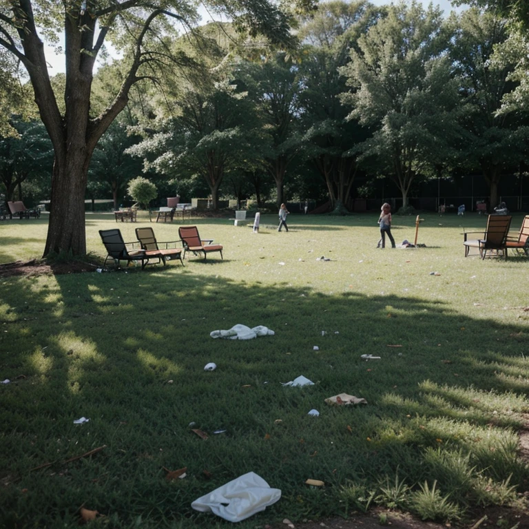Green space with alot of chairs and trash on the ground for an eco event