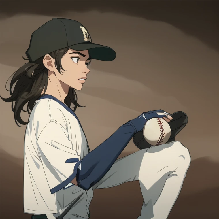 Masterpiece. (Baseball). 1 boy, young boy with a long mullet haircut, big lips, oval face, teenage, slim.