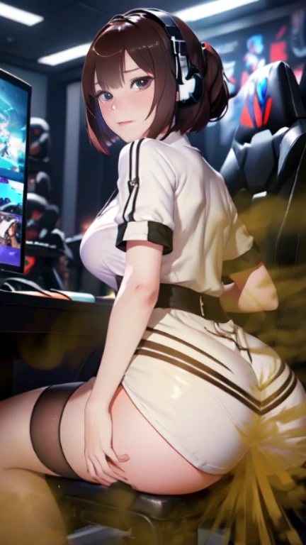 ((velocity)),Attacked by farts, (((Women farting))),(girl farting while seat on seat and playing game on smartphone)),frowned,sharp eyes,blushing,velocity,(a female pro player), (wearing a e-sport jersey and dress),(thigh high),(sit facing the screen),(her buttt facing the screen) (short hair brown hair),(Asian woman),(gaming tournament),(masterpiece:1.2、top-quality)、(the Extremely Detailed CG Unity 8K Wallpapers、ultra-detailliert、Best Shadows)、(细致背景)、(The best lighting、extremely delicate and beautiful)、depth of fields、1girl in、report、upward looking gaze、