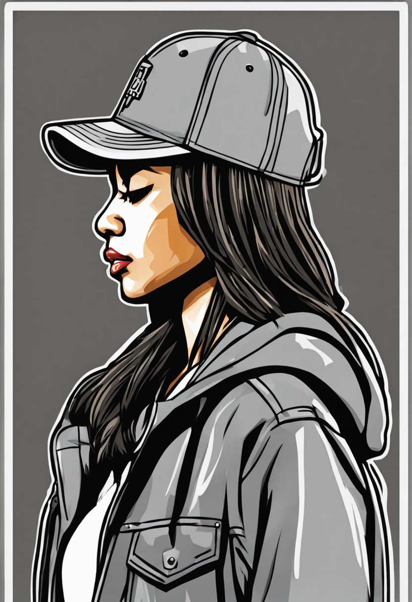 Pacth style art sticker for cap print with hip hop theme, image centered 1 centimeter from the edges, medium gray color background