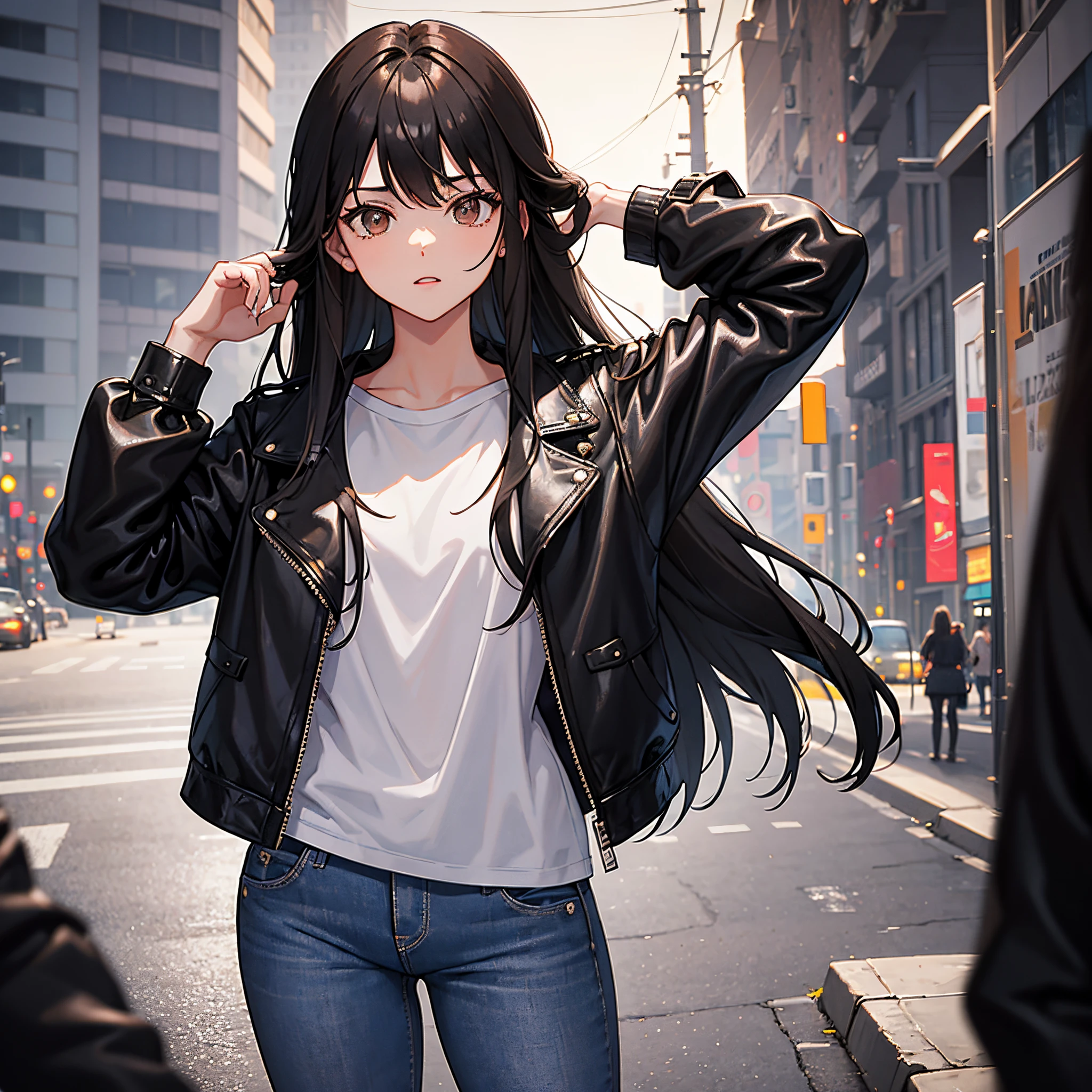 20years old, Long black hair, loose hair, bangs on her head, Brown eyes, small chest, black leather jacket, White T-shirt, Jeans, Background: modern city, night, close-up, portrait,
