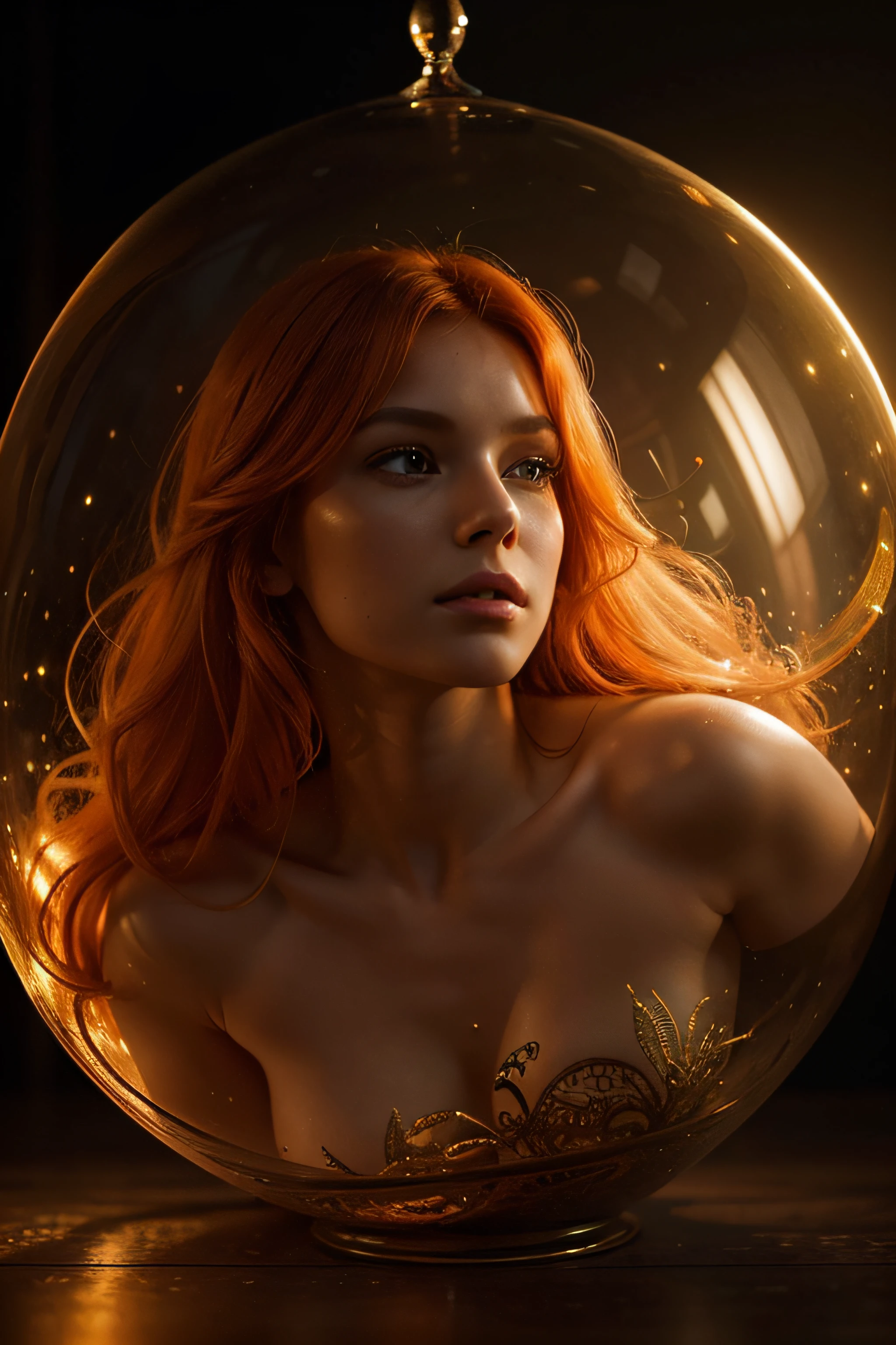 A scene with a beautiful orange-haired girl lying in a glass alien sarcophagus. Best Quality, Realistic, Photorealistic, (Intricate Details:1.2), (Delicate Detailed), (Cinematic Light), Clear Line, Sharp Focus, Realistic Face, Detailed Face, Unity 8k Background, Ultra High Resolution, (Photorealistic:1.4), looking at viewer