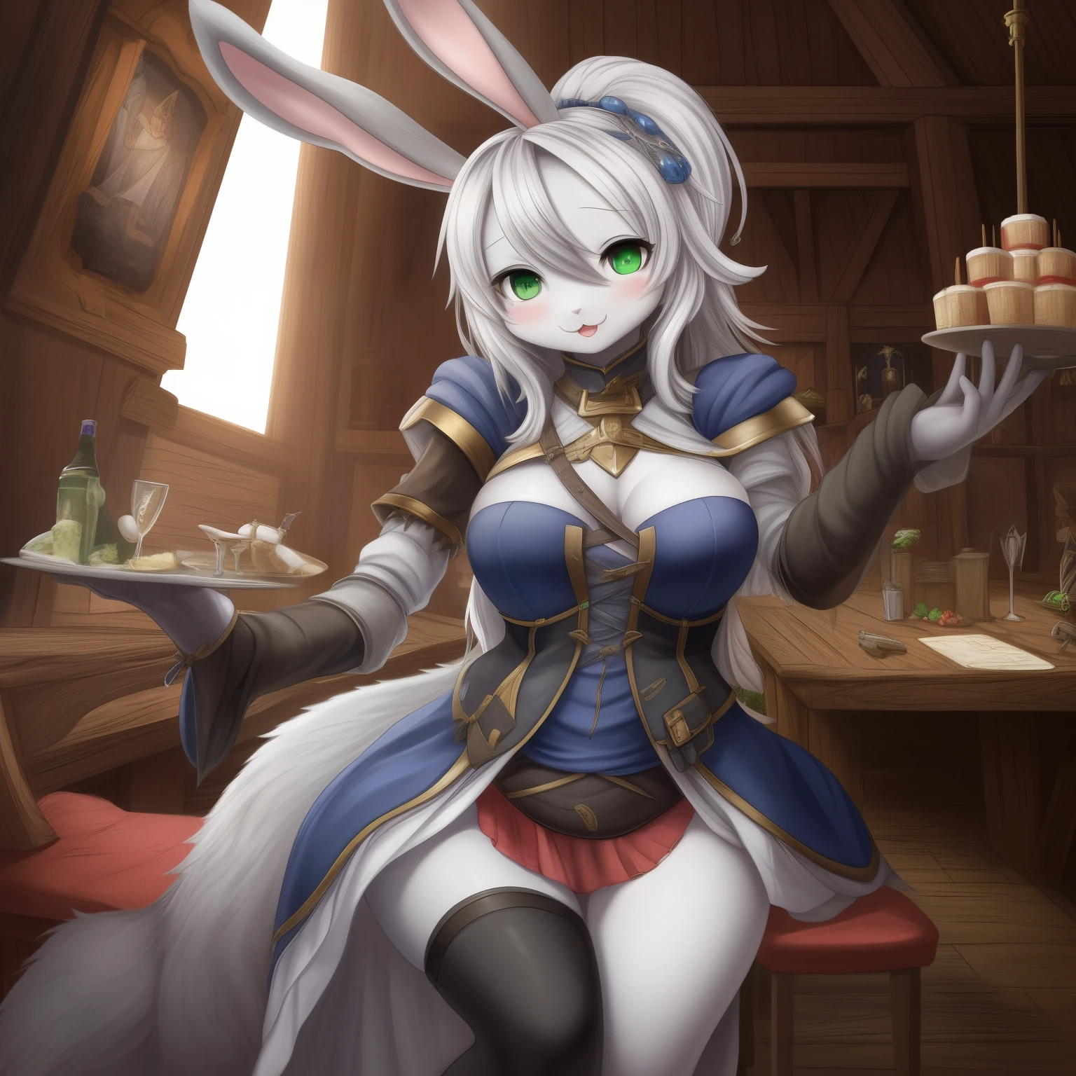 masterpiece, solo, 1girl, Furry, kemono, furry bunny, anthropomorphic, female, green eyes, (silver fur, silver skin), sexy clothes, fantasy clothes, fantasy tavern, uploaded on e621,