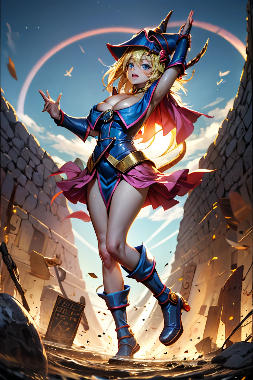 (Obra maestra:1.2), (La mejor calidad:1.2), Perfect lighting, Chica Maga Oscura lanzando un hechizo, flotando en el aire, Levitating over a magic circle , Portal de Circle, tetas grandes, escote abierto, fondo de magia. Pose sejustiva y sexy. Fuegos artificiales de fondo. dragon armaguedon