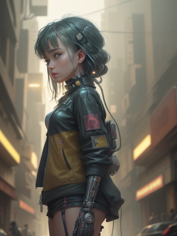 ((extremely delicate and beautiful cybernetic girl)), ((mechanical limb, mechanical vertebrae)), ((mechanical cervical attaching to neck)), (wires and cables attaching to neck:1.2), ((mass of wires and cables on head)), ((wearing colorful Harajuku tech jacket with logos)), ((facing camera pose)), ((cowboy shot)), (masterpiece), (((best quality))), ((ultra-detailed)), (highly detailed photorealistic CG illustration), cinematic lighting, science fiction, extremely detailed,colorful,highest detail, (((cyberpunk city background, (Blade Runner), Harajuku district)))
