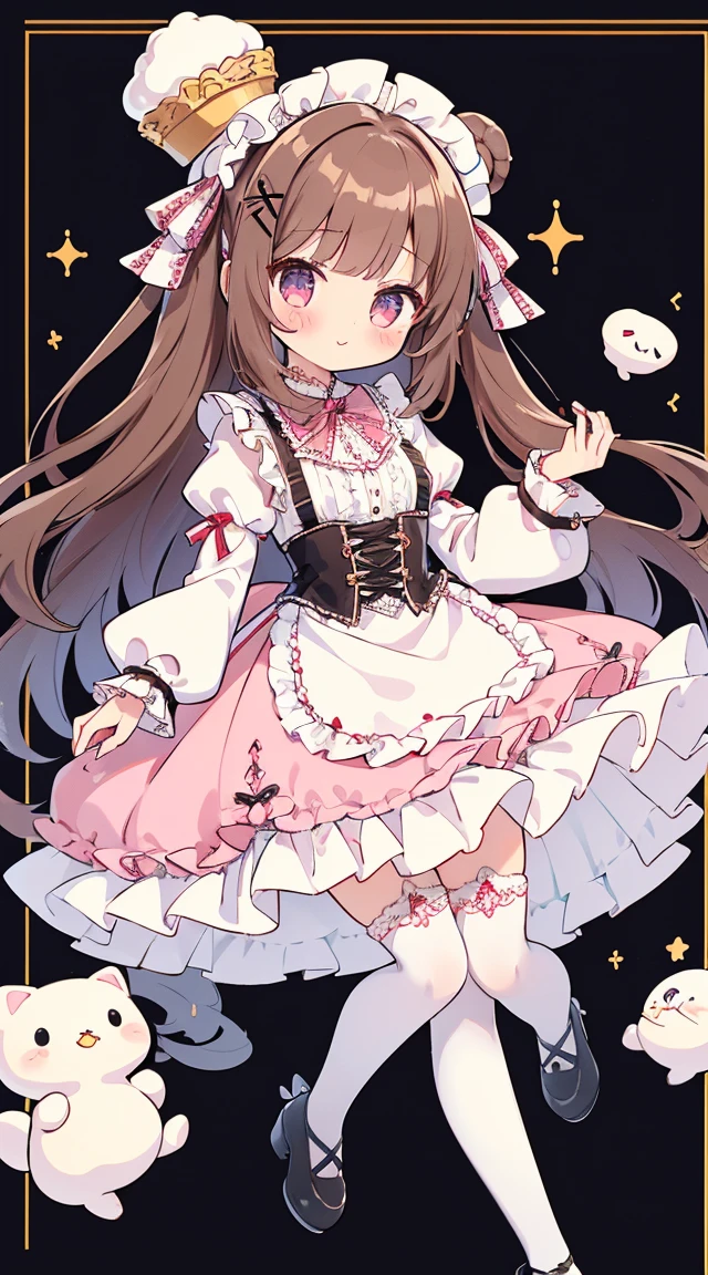 Standing Picture、full bodyesbian、One girl、cute little、masterpiece, top-quality、Top image quality, cafe background, in dress, cafe waitress, miuna, slender, (brown hair:1.3), medium breasts, (long hair:1.2), full body, (round face:1.4), (round chin:1.4), (glossy lips:1.2), sparkling pink detailed glass eyes, looking at viewer, cafe striped pink and white marshmellow party, jrkjs, detailed, skirt, thighhighs, lace, shirt, cute brown heel shoes open toe, jirai kei,Smile, BREAK, ((gothic lolianska:1.5)), (Wain reddo dress with pastel color lace decoration), jewelry decorated waitress dress, striped pink white pretty dress, black background, ((waitress in a gorgeous rococo ball gown decorated with beautiful embroidery and jewels, with a voluminous full-length hoop skirt with ruffles)), ((crinoline)), (sparkle) of the anime girl, detailed five fingers on each hand, 2 hands, 2 feet, knee white lace stocking, cute face, sparkle big eyes long lashes, standing in a dynamic pose, kawaii accessories cute hello kitty charm and golden chain cute cream fluffy bear face purse, hair accessory, soft warm inviting, cafe table bread coffee cup, illustration in the style of @ekureea on X twitter, Lolita g art by @hareroom1 on Twitter, beautiful line art, manga, beautiful line art, manga style, manga art style, pencil and ink caricature drawing, flat colours, detailed, attention to detail, sharp focus, black background,