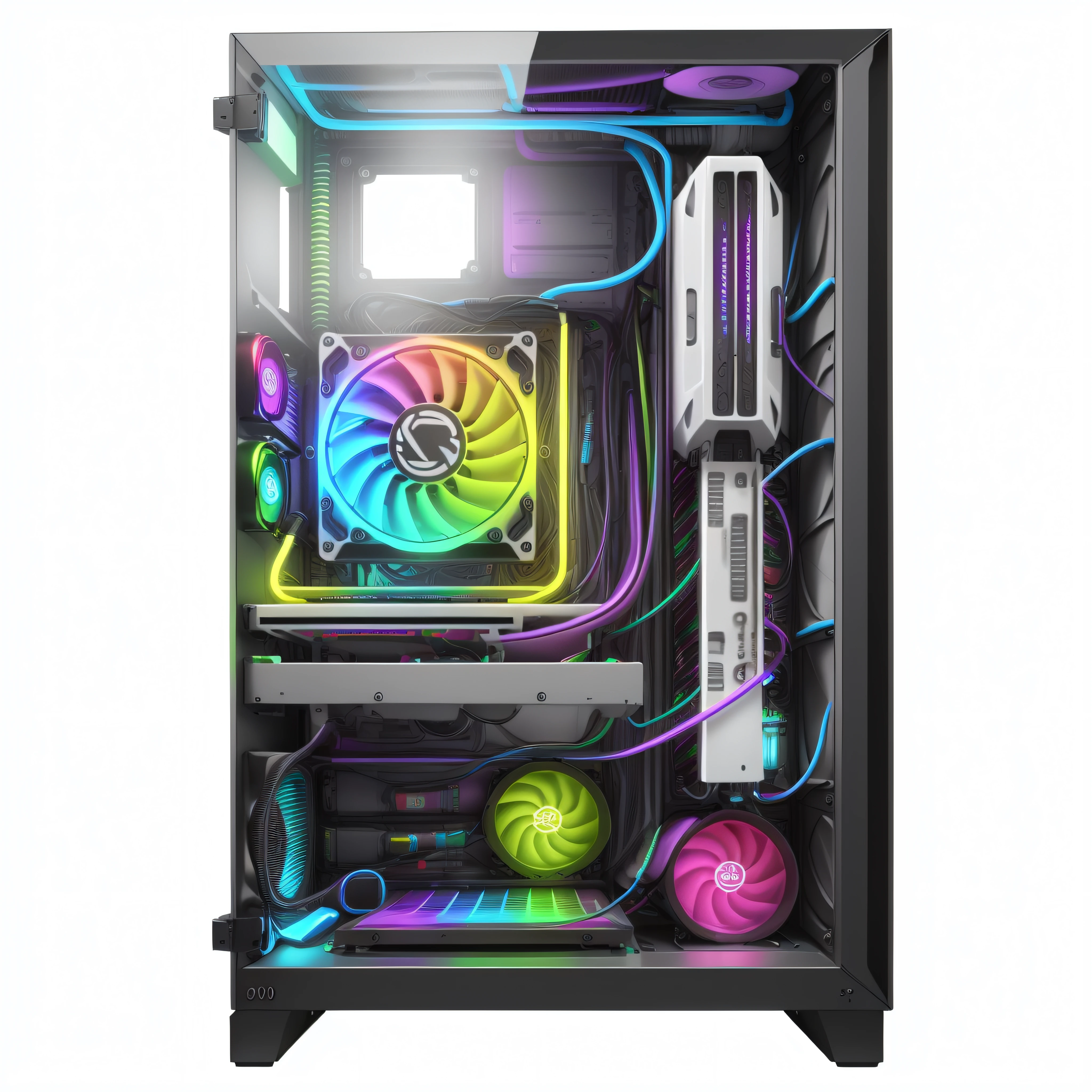 a close-up of a computer case with a rainbow-colored fan, watercooling, liquid cooled desktop, Capa para PC para jogos, RTX 4090 TI |, liquid cooling, Arte digital H 9 6 0, PC para jogos, Computadores para jogos, 8k computer render, Jogos para PC, h 8 0 0 c 1 0. 0, computador personalizado, cooled liquid