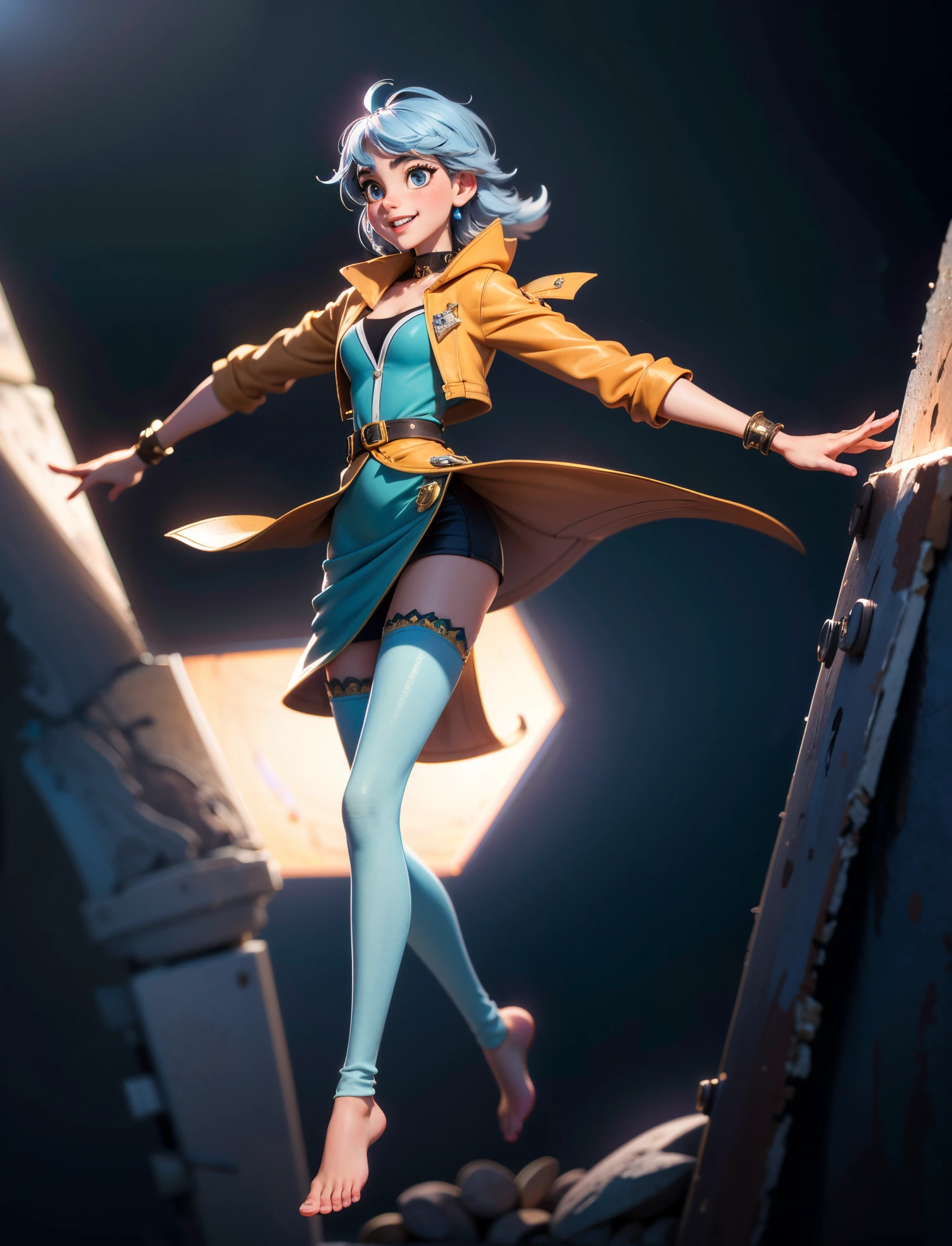A girl with short gray hair, bright eyes, a cheerful smile, a joyful expression, a slender figure, a two-piece fantasy-realistic style jacket, short skirt that matching the outfit, barefoot, she happily leaps in front of a fantasy-style ancient ritual building, bright and soft color, this character embodies a finely crafted fantasy-realistic style girl in anime style, exquisite and mature manga art style, high definition, best quality, highres, ultra-detailed, ultra-fine painting, extremely delicate, professional, anatomically correct, symmetrical face, extremely detailed eyes and face, high quality eyes, creativity, RAW photo, UHD, 8k, Natural light, cinematic lighting, masterpiece-anatomy-perfect, masterpiece:1.5