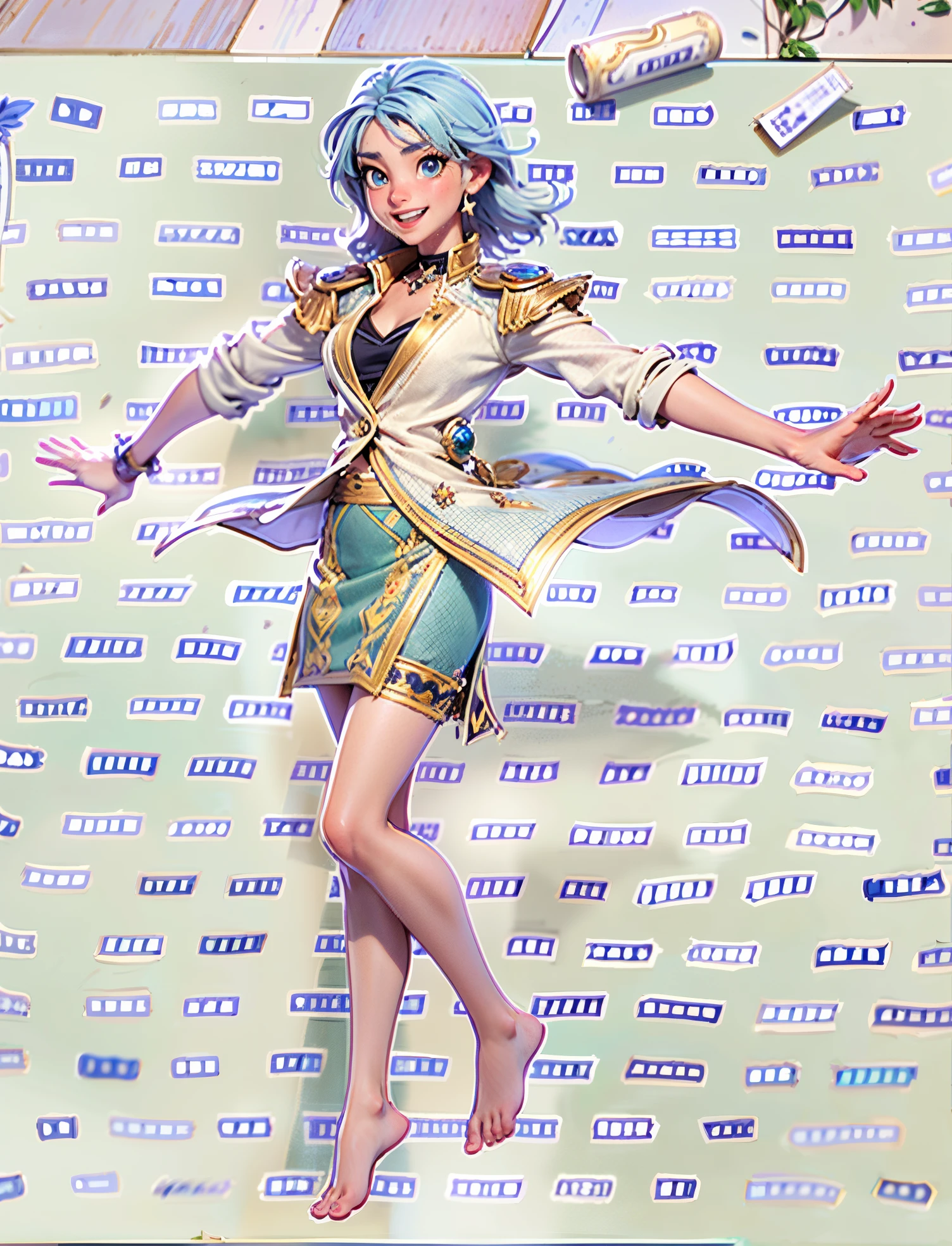 A girl with short gray hair, bright eyes, a cheerful smile, a joyful expression, a slender figure, a two-piece fantasy-realistic style jacket, short skirt that matching the outfit, barefoot, she happily leaps in front of a fantasy-style ancient ritual building, bright and soft color, this character embodies a finely crafted fantasy-realistic style girl in anime style, exquisite and mature manga art style, high definition, best quality, highres, ultra-detailed, ultra-fine painting, extremely delicate, professional, anatomically correct, symmetrical face, extremely detailed eyes and face, high quality eyes, creativity, RAW photo, UHD, 8k, Natural light, cinematic lighting, masterpiece-anatomy-perfect, masterpiece:1.5