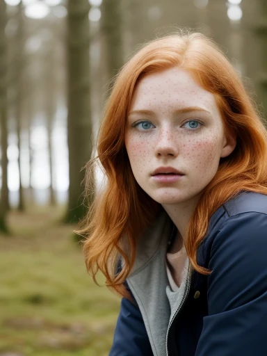 (1girl in, 22, Solo, Aesthetic artwork, irish redhead, wavy ginger hair, shoulder length ginger hair, light grey eyes, some small freckles, pale skin, A-cup, small breasts, runners body, (textured skin, skin pores:1.1), (moles:0.8), imperfect skin, goosebumps, wearing dark gray jacket, wearing navy blue leggings, empty trees, early winter, no snow, blury background, (action shot, kneeling, 1.25), (extremely detailed 8k wallpaper), (hard lighting), high quality, film grain, Fujifilm XT3 sharp focus, f 5.6, 50mm, High Detail, Sharp focus, (natural light), crazy details, complex details, hyperdetailed