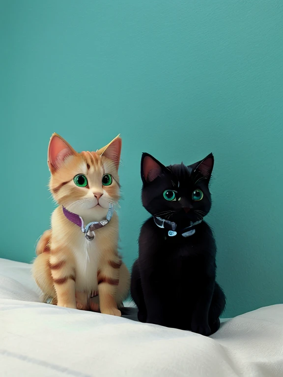 Two kittens side by side, orange/blond kitten with hazel eyes on left wearing blue collar with a bell on it, black kitten with green eyes on right wearing blue collar with a bell on it