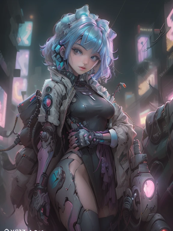 ((extremely delicate and beautiful cybernetic girl)), ((mechanical limb, mechanical vertebrae)), ((mechanical cervical attaching to neck)), (wires and cables attaching to neck:1.2), ((mass of wires and cables on head)), ((wearing colorful Harajuku tech jacket with logoacing camera pose)), ((cowboy shot)), (masterpiece), (((best quality))), ((ultra-detailed)), (highly detailed photorealistic CG illustration), cinematic lighting, science fiction, extremely detailed,colorful,highest detail, (((cyberpunk city background, (Blade Runner), Harajuku district)))
