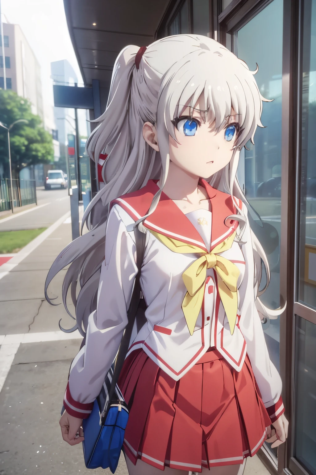 Nao Tomori, a girl with long hair, parted to both sides, white hair, blue eyes, hair between the eyes, school uniform, Sehuku High School, red skirt, pleated skirt, bag, yellow scarf, red shirt, collarbone, long sleeves