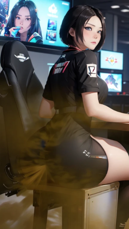 ((velocity)),Attacked by farts, (((Women farting))),(girl farting while seat on seat and playing game on smartphone)),frowned,detailed eyes,blushing,velocity,(a female pro player), (wearing a e-sport jersey and dress),(thigh high),(sit facing the screen),(her buttt facing the screen) (short hair brown hair),(Asian woman),(gaming tournament),(masterpiece:1.2、top-quality)、(the Extremely Detailed CG Unity 8K Wallpapers、ultra-detailliert、Best Shadows)、(细致背景)、(The best lighting、extremely delicate and beautiful)、depth of fields、1girl in、report、upward looking gaze、