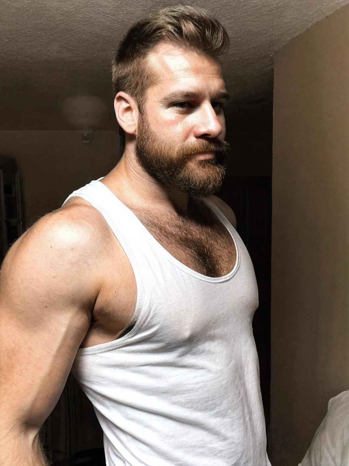 Paloroid image, old distroted, thirstrap, Hot hunky uncle, hairy, macho, ugly, wearing a white tank top:1.4, at home,