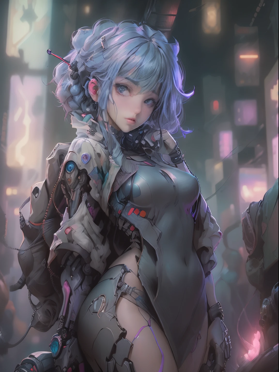 ((extremely delicate and beautiful cybernetic girl)), ((mechanical limb, mechanical vertebrae)), ((mechanical cervical attaching to neck)), (wires and cables attaching to neck:1.2), ((mass of wires and cables on head)), ((wearing colorful Harajuku tech jacket with logoacing camera pose)), ((cowboy shot)), (masterpiece), (((best quality))), ((ultra-detailed)), (highly detailed photorealistic CG illustration), cinematic lighting, science fiction, extremely detailed,colorful,highest detail, (((cyberpunk city background, (Blade Runner), Harajuku district)))