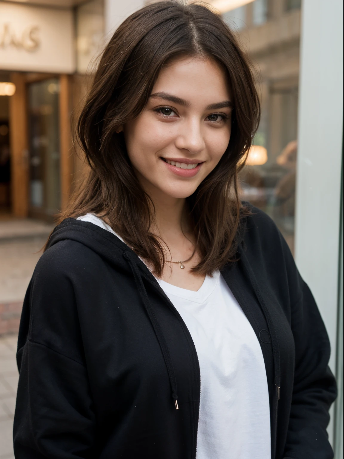 Best quality, masterpiece, super high resolution, a super model, long balayage hair, wearing an oversized black hoodie, smiling innocenlty at the camera