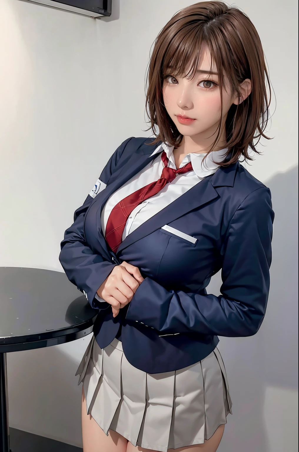 A Korean girl walks in school, schools, a white wall, A gray table, Raised sexy))), ((Best quality at best)), ((intricately details)), ((Hyper-realistic)), Ridiculous resources, 摩洛解放阵线, Mature woman, opinion, The  very detailed, illustratio, 1个Giant Breast Girl, (())，，, Perfect hands, detailed finger, Beautiful and delicate lewd eyes, long whitr hair, Brown eyes, Name label, CEO, (Korean school uniform:1.2), School blazer, School shirts, a skirt, school principal tie, 耳Nipple Ring, detailedbackground, Bedrooms, perfect  eyes, lewd eyes, looking at viewert, Look from the front