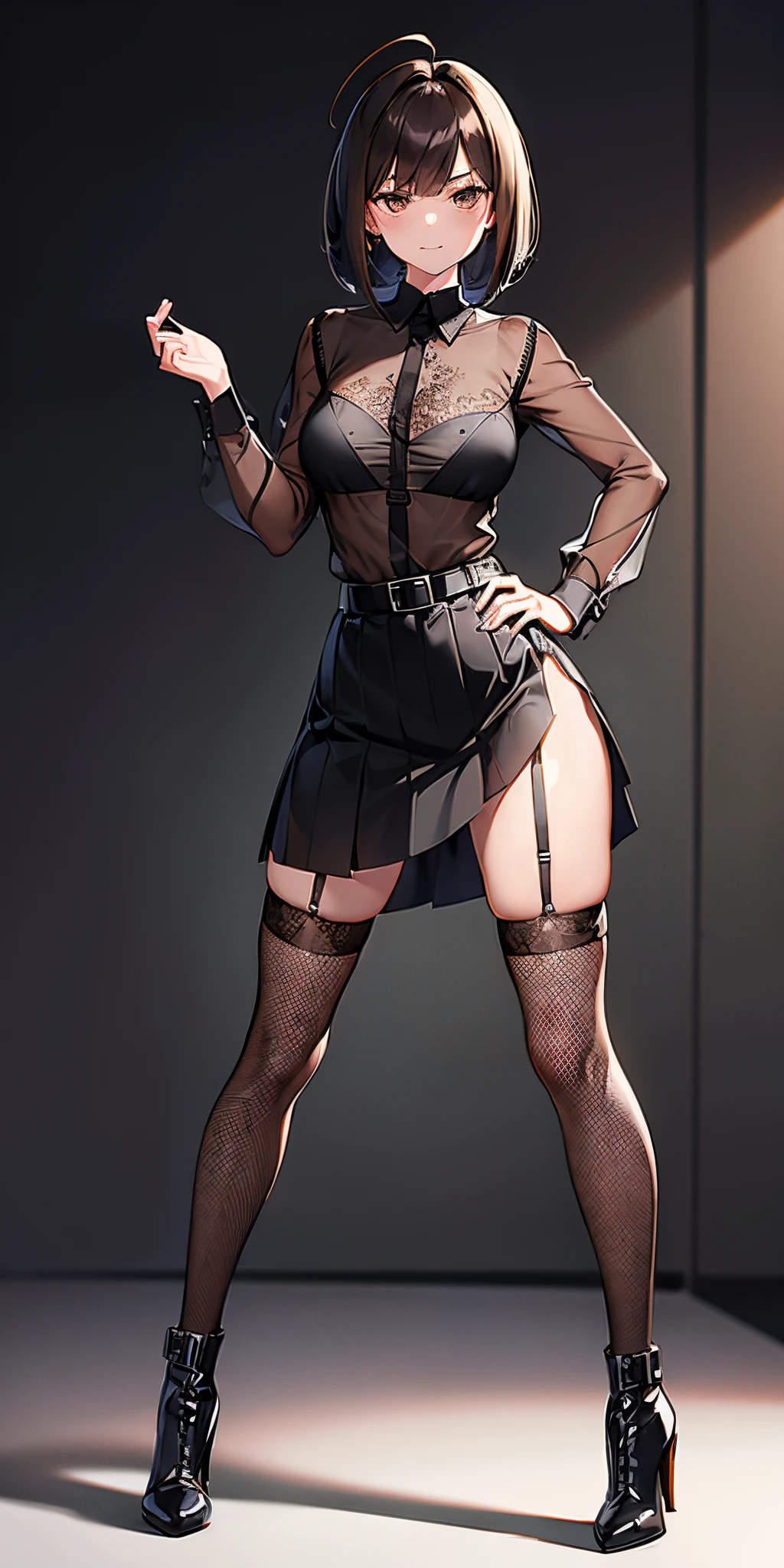 1girl, medium hair, messy hair,black skirt, fishnet shirt, (((see-through))), Brown hair, brown eyes, thighhighs,hands on hip,black shirt, see-through sleeves,pose,{{{black clothes}}}, lace-trim bra,full body,{{{high heel boots}}},playing with hair,long sleeves,smug,bob cut,garter straps, (((((impossible shirt)))),side slit,bodystocking,lowleg skirt,belt,ahoge