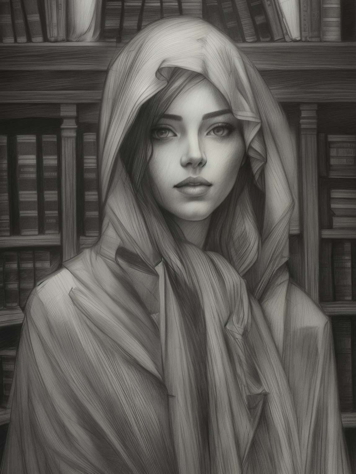 drawing of a woman,DRAPED IN an enigmatic CLOAK, Inside Enchanted Magical Library, Its shelves are adorned with MULTI COLORED books, realistic sketch, hyperrealistic sketch, detailed pencil sketch, pencil sketch, realistic digital drawing, detailed sketch drawing, highly detailed portrait, detailed 4 k drawing, pencil draw, highly detailed sketch, realistic drawing, extremely detailed portrait, detailed but rough, pencil drawing illustration, realism drawing, detailed sketch, sketch art,((high quality, masterpiece:1.4)), 1girl, ((upper body)), portrait sketch, messy drawing, messy charcoal spots, unfinished sketch, sketchbook charcoal style drawing of a woman, sketchbook drawing, sketchbook, beautiful hair, beautiful face, symmetrical face, symmetrical eyes, realistic charcoal lines, imperfect drawing, charcoal crumbs, charcoal lines, imperfections, green eyed, woman wearing an enigmatic cloak, realistic