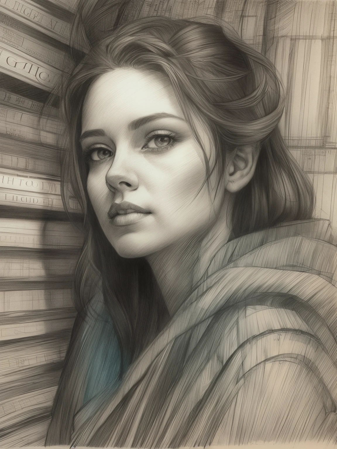 drawing of a woman,DRAPED IN an enigmatic CLOAK, Inside Enchanted Magical Library, Its shelves are adorned with MULTI COLORED books, realistic sketch, hyperrealistic sketch, detailed pencil sketch, pencil sketch, realistic digital drawing, detailed sketch drawing, highly detailed portrait, detailed 4 k drawing, pencil draw, highly detailed sketch, realistic drawing, extremely detailed portrait, detailed but rough, pencil drawing illustration, realism drawing, detailed sketch, sketch art,((high quality, masterpiece:1.4)), 1girl, ((upper body)), portrait sketch, messy drawing, messy charcoal spots, unfinished sketch, sketchbook charcoal style drawing of a woman, sketchbook drawing, sketchbook, beautiful hair, beautiful face, symmetrical face, symmetrical eyes, realistic charcoal lines, imperfect drawing, charcoal crumbs, charcoal lines, imperfections, green eyed, woman wearing an enigmatic cloak, realistic