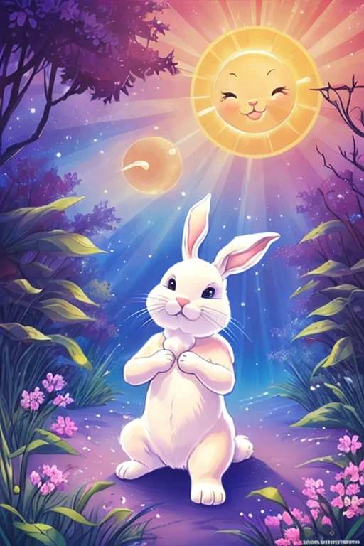 ((melhor qualidade)), ((master part)), (circunstanciado), rosto perfeito, Draw a cute white baby bunny with two plush ears, four paws and two curious eyes wearing a small blue t-shirt. He is looking at the sun rays and floral scents in the Bunny Forest, uma floresta colorida com um pequeno rio, florescer, atmosfera alegre, clareira, and a magical map that shines with all the colors of the rainbow. He is smiling and his eyes are shining with joy