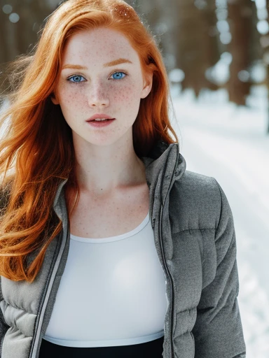 (1girl in, age22, Solo, Aesthetic artwork, irish redhead, straight ginger hair, shoulder length ginger hair, light grey eyes, some small freckles, pale skin, A-cup, small breasts, runners body, (textured skin, skin pores:1.1), (moles:0.8), imperfect skin, goosebumps, wearing carbon black winterjacket, wearing creme white leggings, empty trees, early winter, snow, blury background, (action shot, walking, 1.25), (extremely detailed 8k wallpaper), (hard lighting), high quality, film grain, Fujifilm XT3 sharp focus, f 5.6, 50mm, High Detail, Sharp focus, (natural light), crazy details, complex details, hyperdetailed